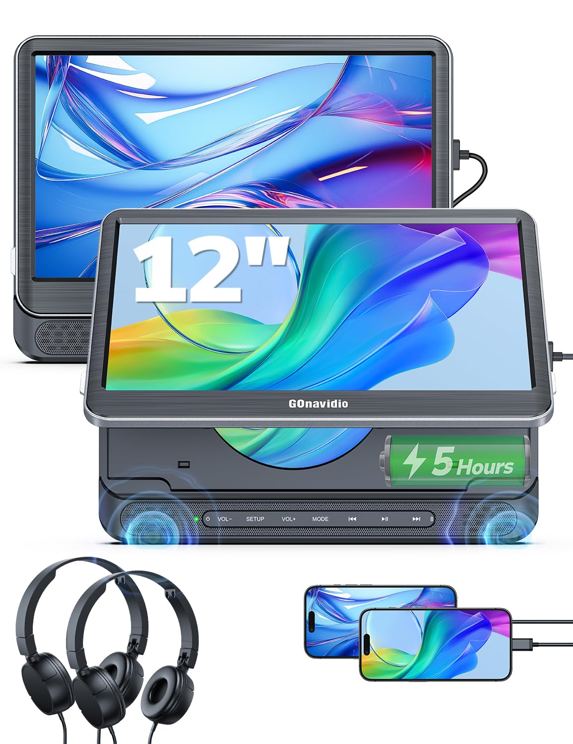 GOnavidio 12" DVD Player Auto 2 Bildschirme, 5 Stunden Wiederaufladbar Kopfstütze für Auto mit 1080P HDMI-Eingang, Kopfhörern, unterstützt USB/TF-Karte, Sync Screen, regionsfrei, letzter Speicher