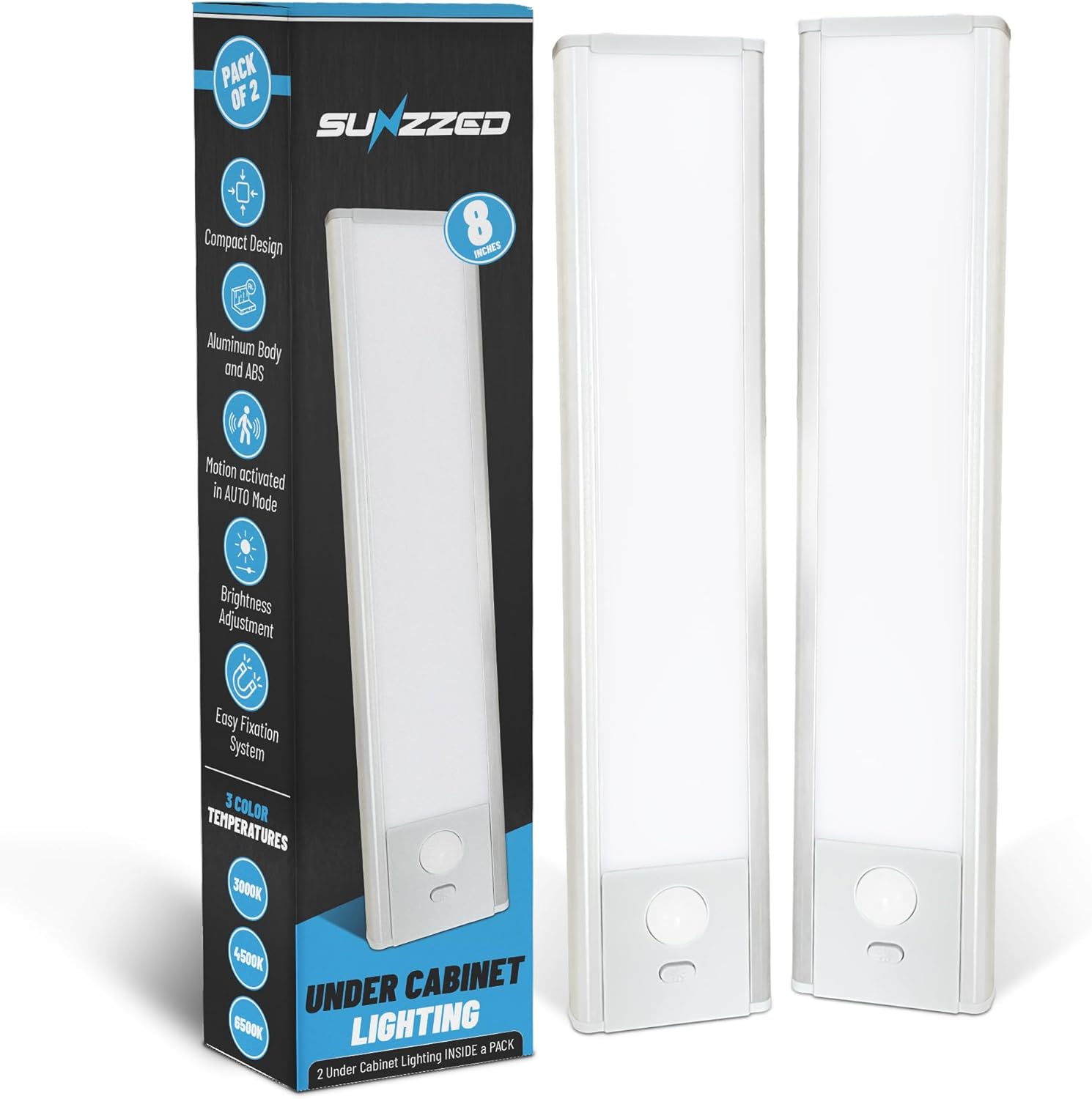 Under Cabinet Lights, Pack of 2, 8 inches, 48 Side Emission LEDs, Rechargeable Battery, Under Cabinet Lighting, Motion Sensor Light, LED Lights for Bedroom, Home Decor, Night Light, Closet AH-SZZ-UCL-8-001-2024 8 Inches