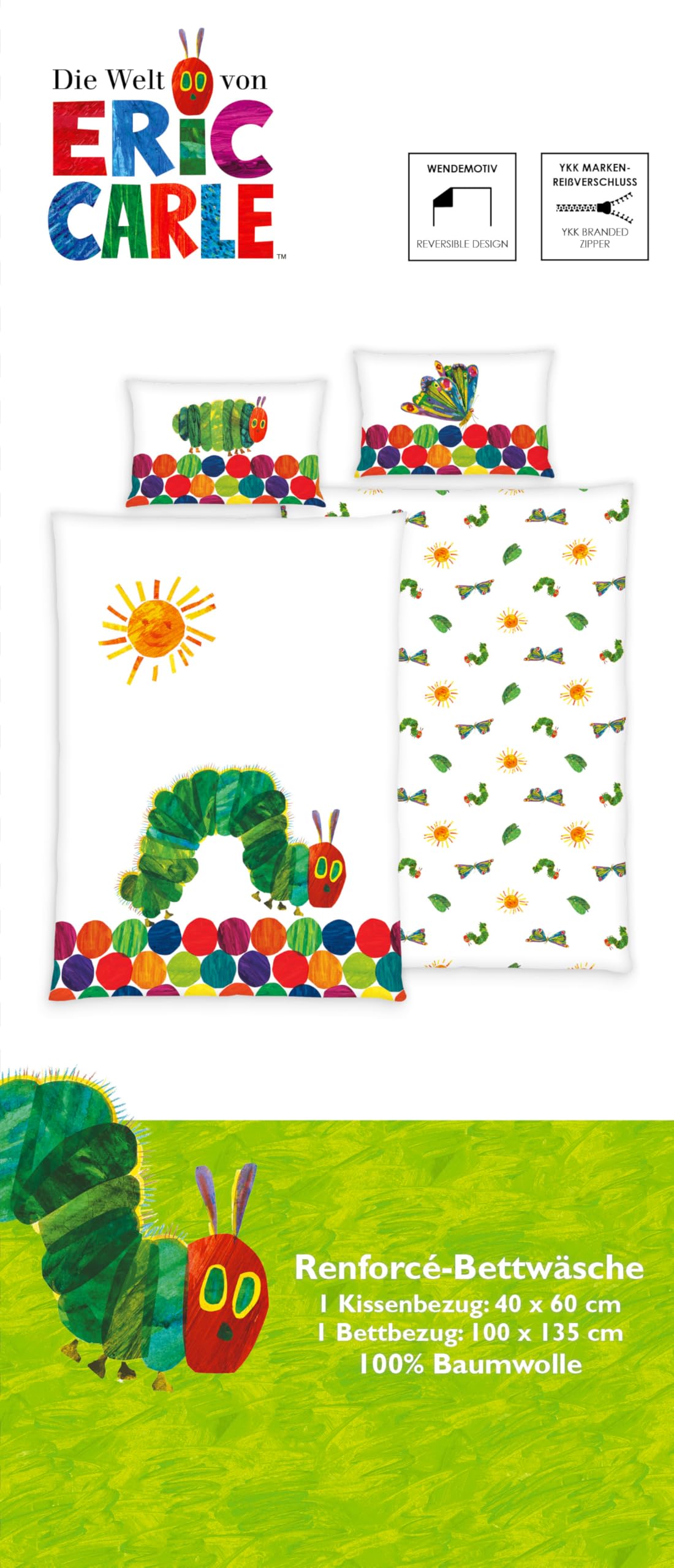 Die kleine Raupe Nimmersatt Bettwäsche 40x60 + 100x135 cm, 100% Baumwolle mit Reißverschluss