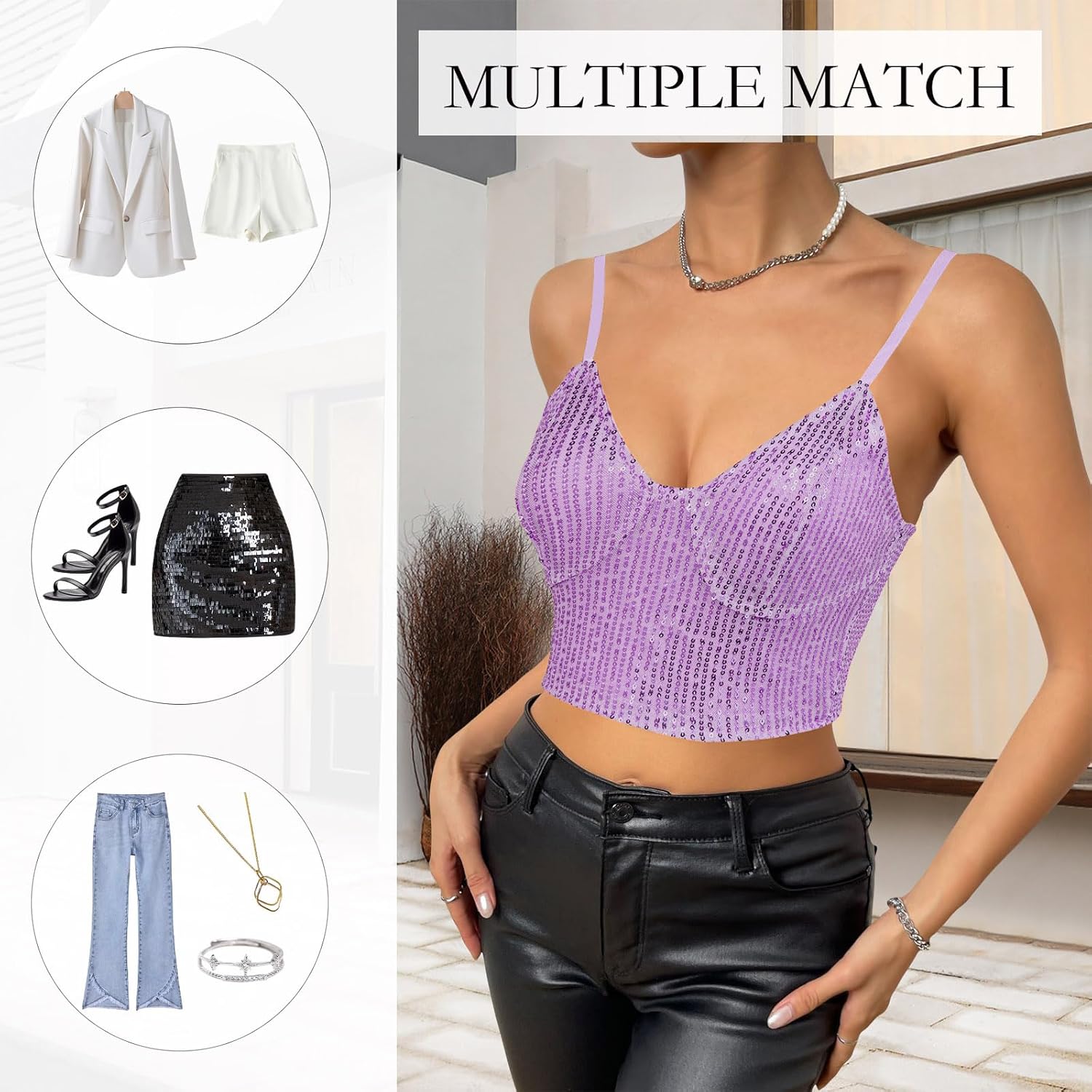 Womens Sparkly Sequin Top Spaghetti Strap Crop Top Glitter Sleeveless V Neck Vest Tank Tops Rave Disco Concert Outfit - Image 5