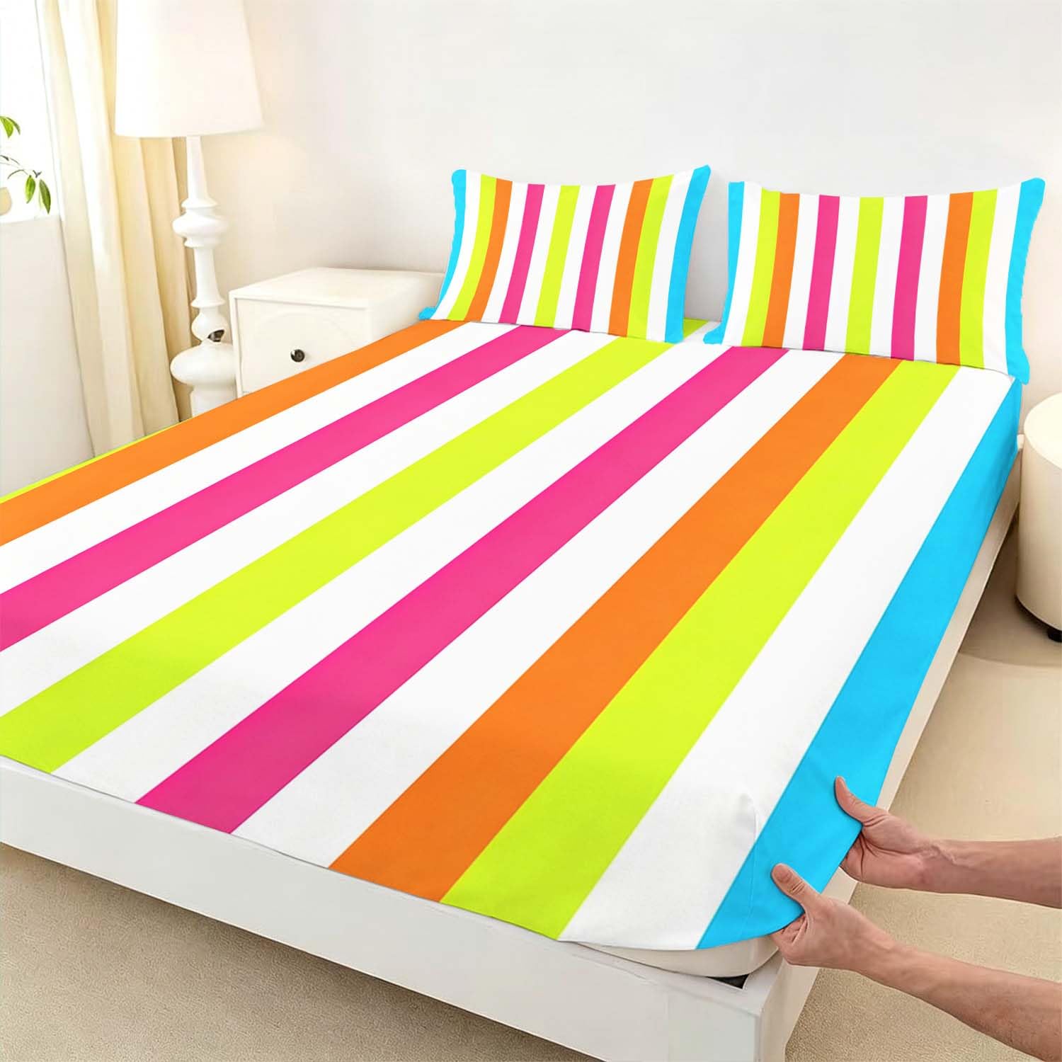Drap Housse 180x200 cm Rayures de Couleur 3D Drap-Housse Arc en Ciel Draps Housses Microfibre 2 Personnes avec 2 Taie d'oreillers pour Matelas Épais XCW5992