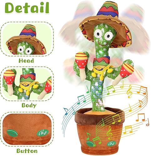 Miniatura 5 de Juguete de cactus parlante – Peluche bailando y cantando con 60 canciones, imitando la grabación, el cactus repite lo que dices, juguete interactivo