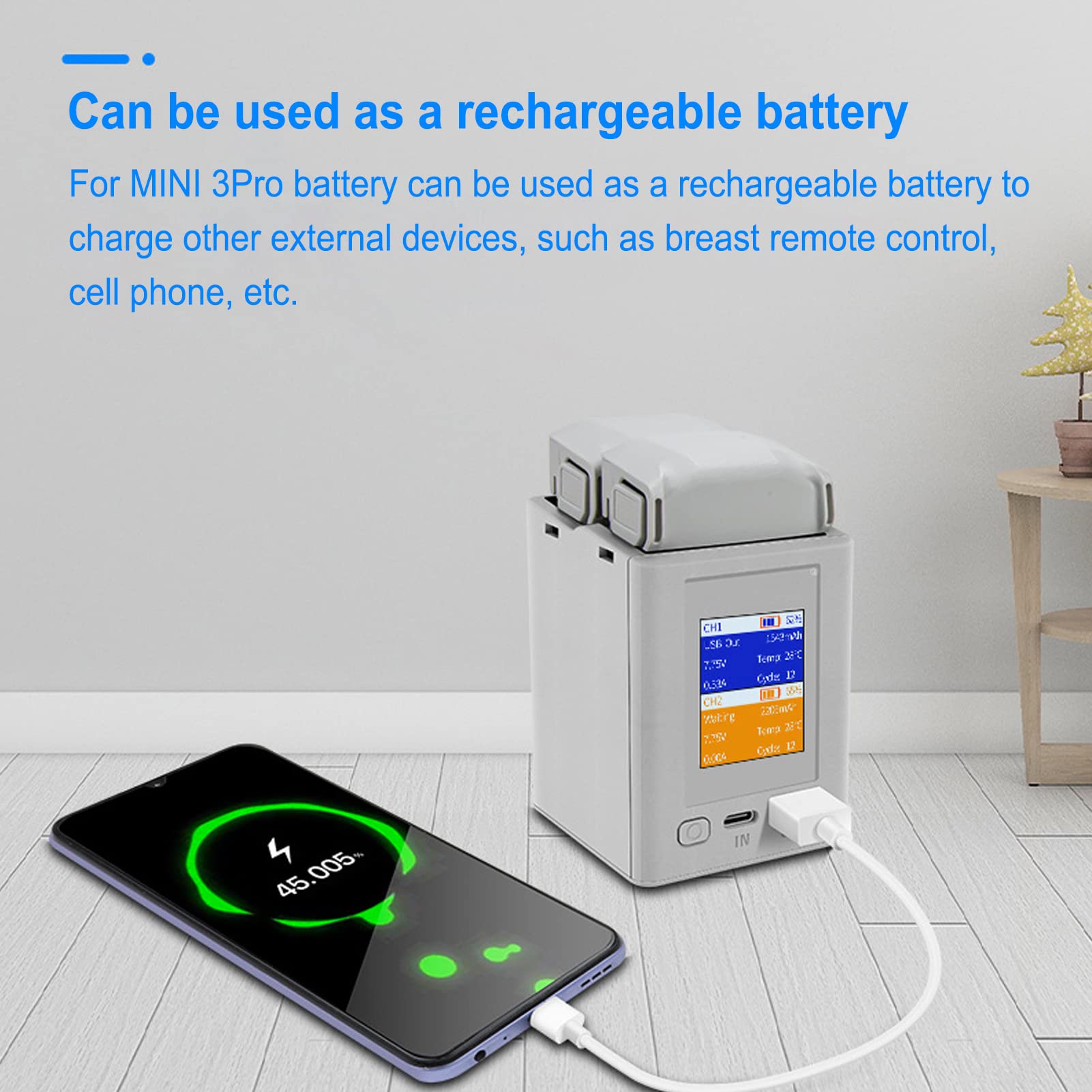 Hub di Ricarica Bidirezionale, Caricabatteria per Droni Carica Batterie Schermo a Colori Caricabatteria LCD USB per 3 Droni Grigio