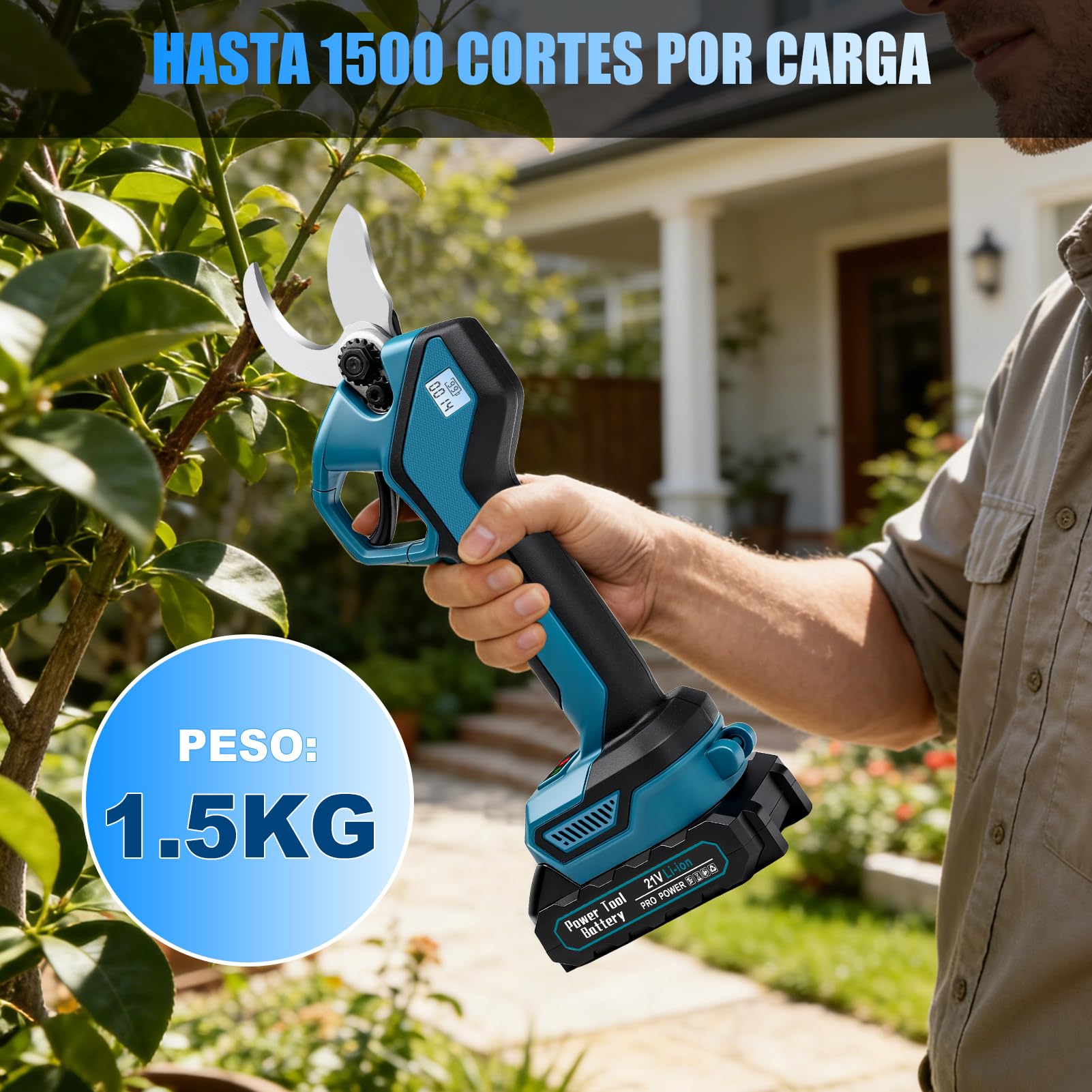 Tijeras de Podar Eléctricas con Baterías, Tijeras de Podar Bateria Con pantalla, 2 baterías de 1500mAh, diámetro de corte máximo de 30 mm, Para Huertos, Jardines y Granjas