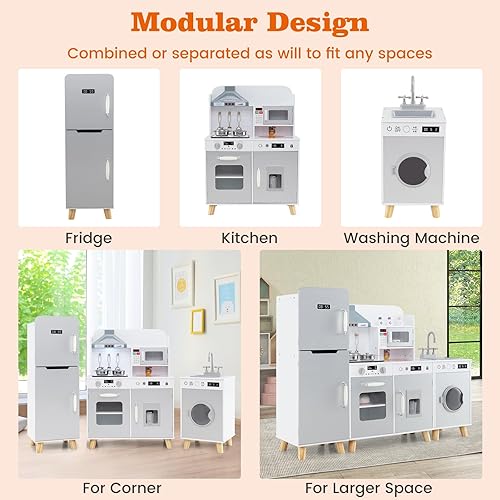 Miniatura 2 de Costzon Cocina de juego de 3 piezas para niños, juego de cocina de juguete de madera con refrigerador, lavadora, campana extractora, máquina de