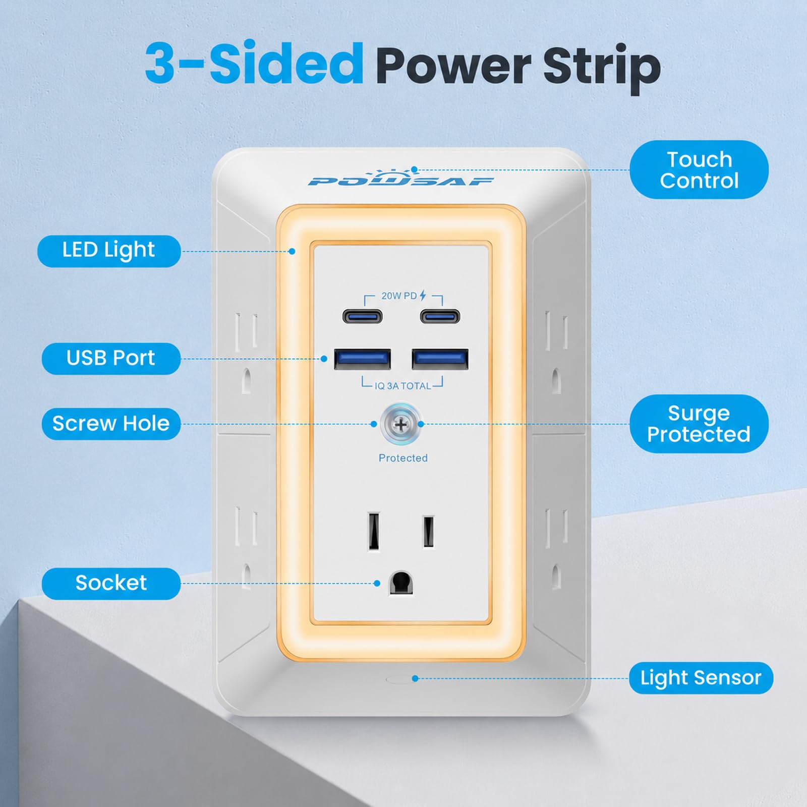 Parasurtenseur multiprise – Rallonge POWSAF 5 prises avec 4 ports USB (2 ports rapides USB-C) et veilleuse, multiprise à 3 côtés avec adaptateur de prises espacées – ETL, blanc