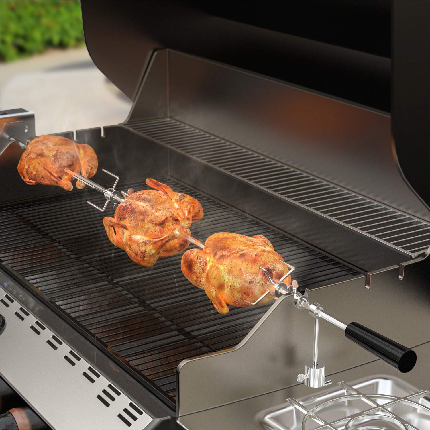 Onlyfire 120cm Universal Grillspieß Set, 220–240V | inkl. 4X Fleischnadeln und Edelstahl Motor, Drehspieß, Rotisserie, Drehspiess