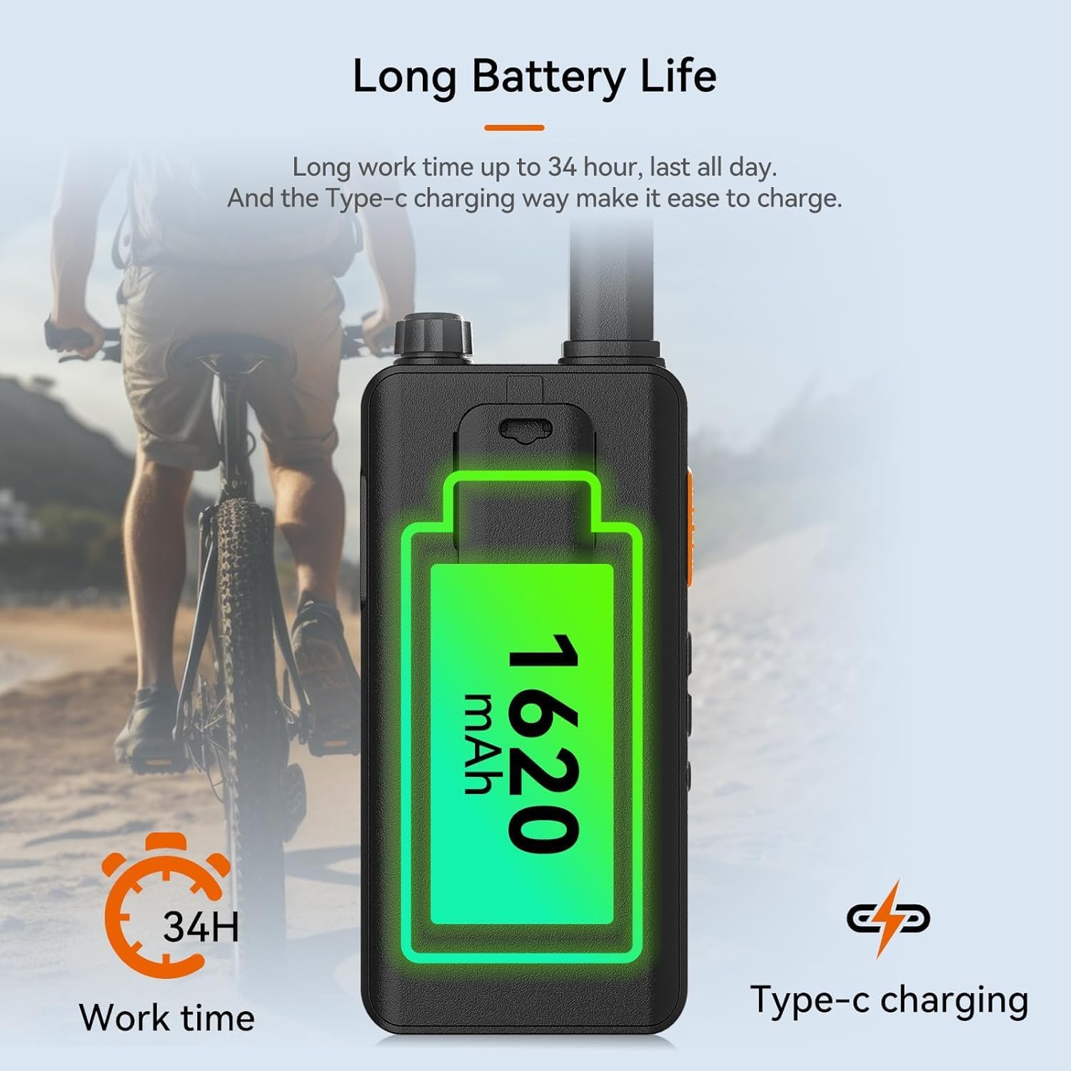 A Retevis B63B walkie talkie with an overlay showing a large battery icon and '1620mAh' and '34H Work time' and 'Type-C charging'.