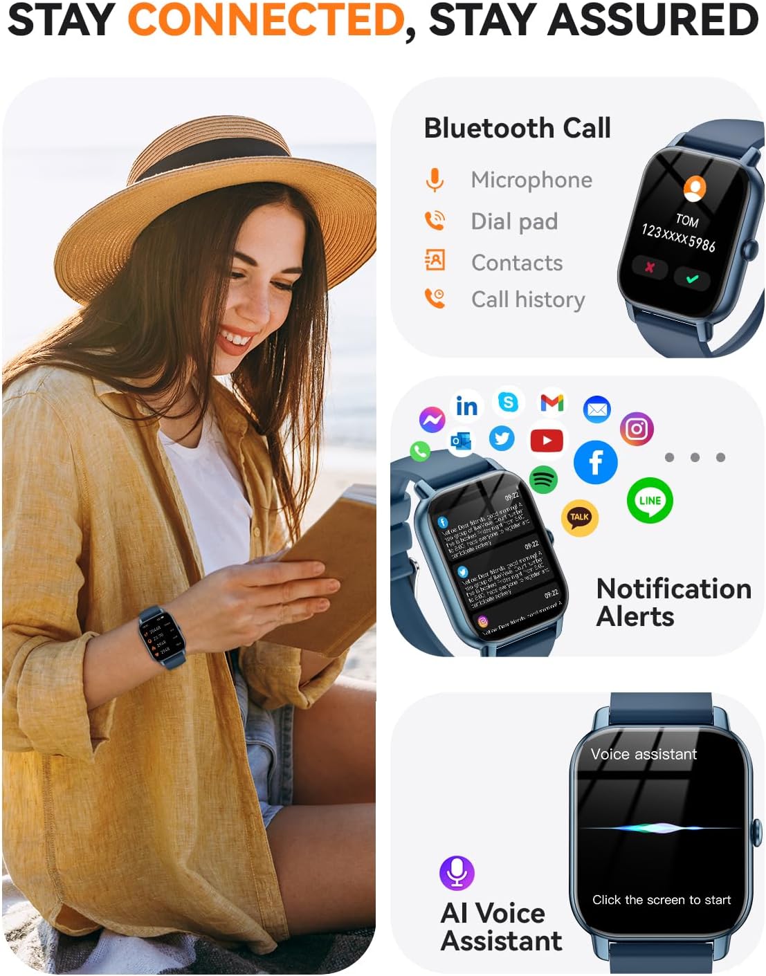 Smart Watches for Women(Answer/Make Call),1.85 inch HD Fitness Tracker Watch with Activity Counter/Sleep Monitor/ 110+ Sports Modes, IP68 Waterproof Smart Watch for Andriod iPhone iOS Compatible,Blue - Image 2