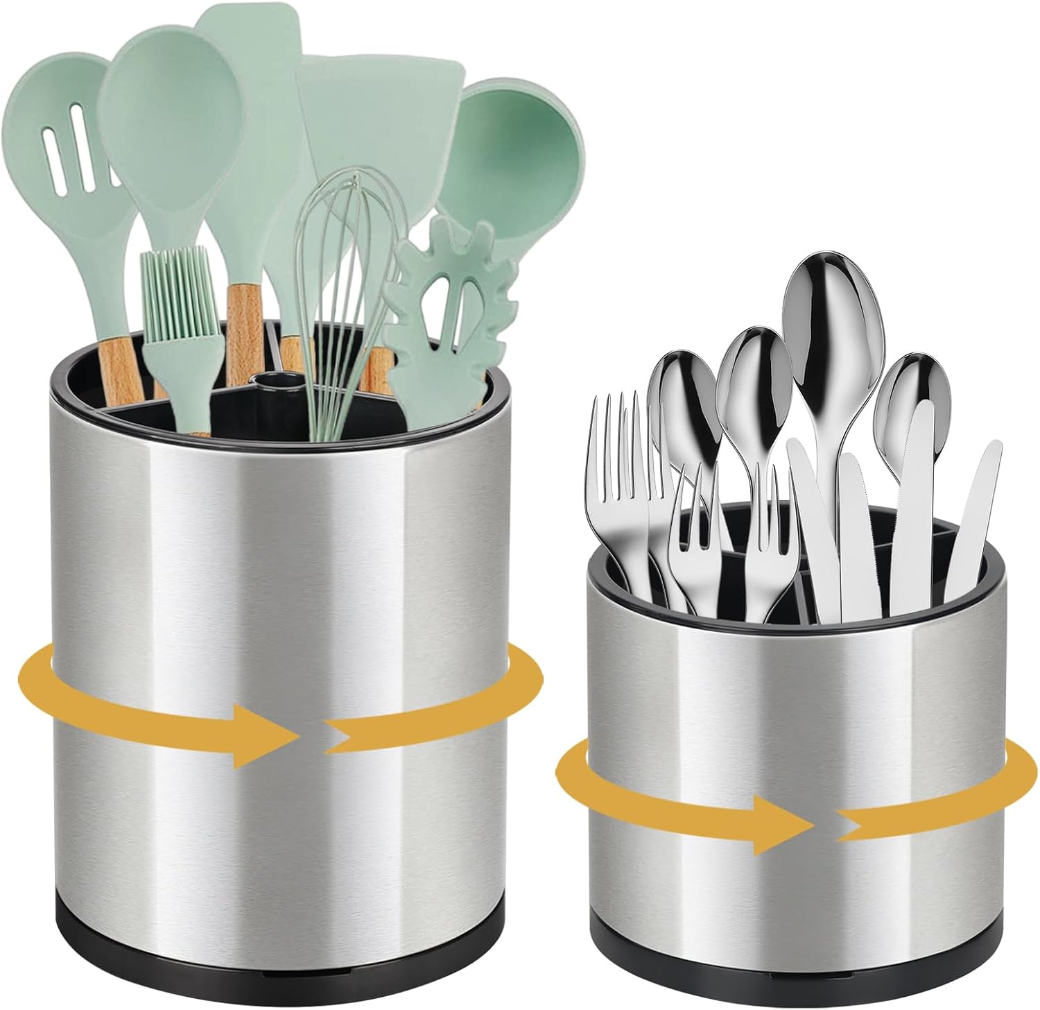 2Pack Kitchen Utensil Holder Set – 360° Rotating Stainless Steel Large Cooking Utensil Stand for Counter, 3 Compartment Flatware Caddy with Removable Base for Knife, Fork & Spoon Organizer – Sliver