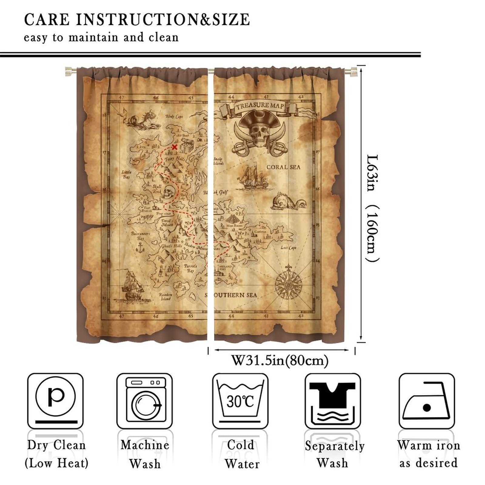 Nautical Map Curtains Retro Old Map Pirate Ship Skull Pattern Printing Curtains Kids Bedroom and Living Room Decoration Blackout Curtains W63 * L63 Inch