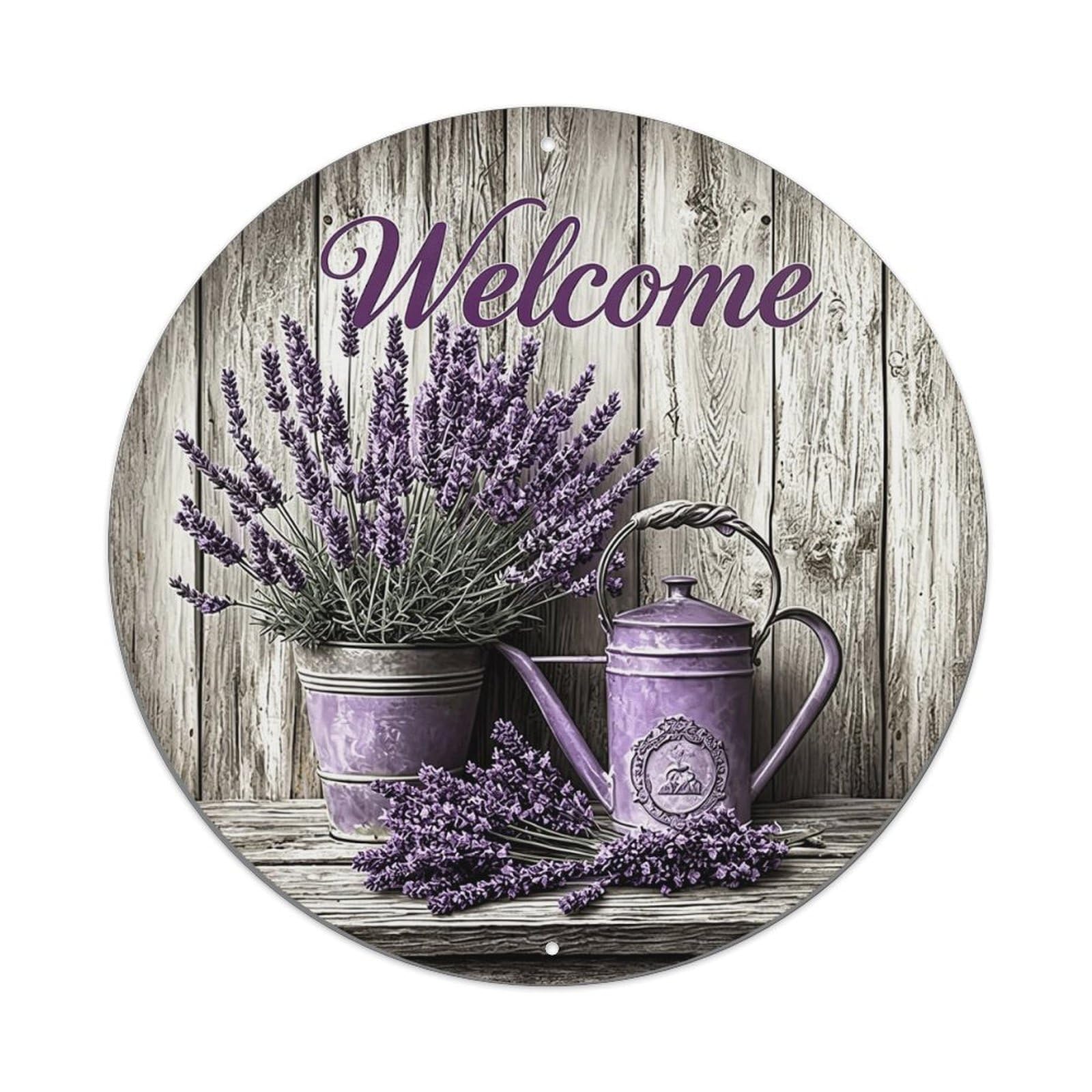 Welcome Lavender Bucket Teapot Wood Round Tin Sign Vintage Metal Sign Home Bar Garden Indoor & Outdoor Wall Decor Retro Metal Poster 8x8 Inch