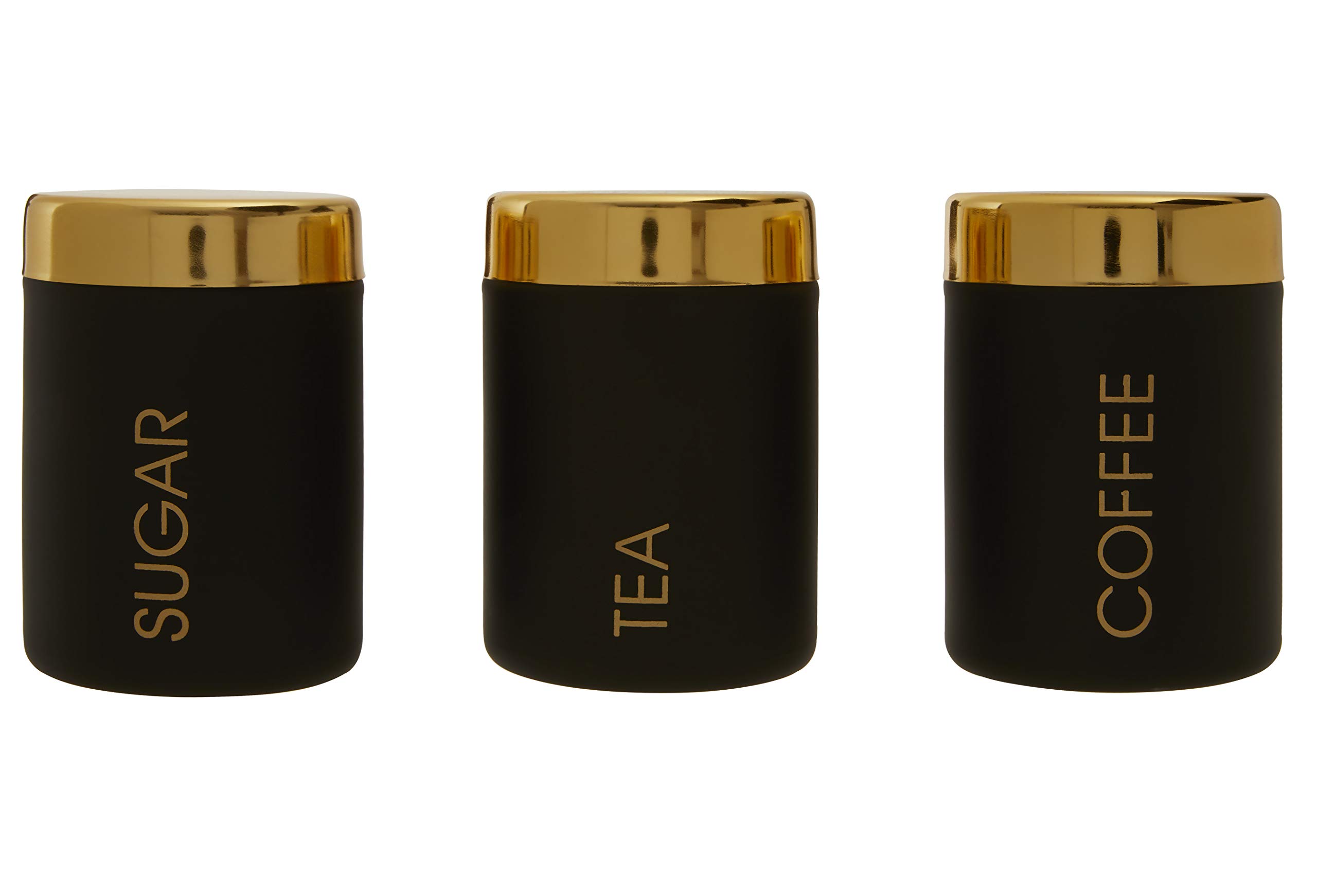 Premier Set Of 3 Liberty Tea Coffee Sugar Canisters, Black Enamel, Gold Finish Lids