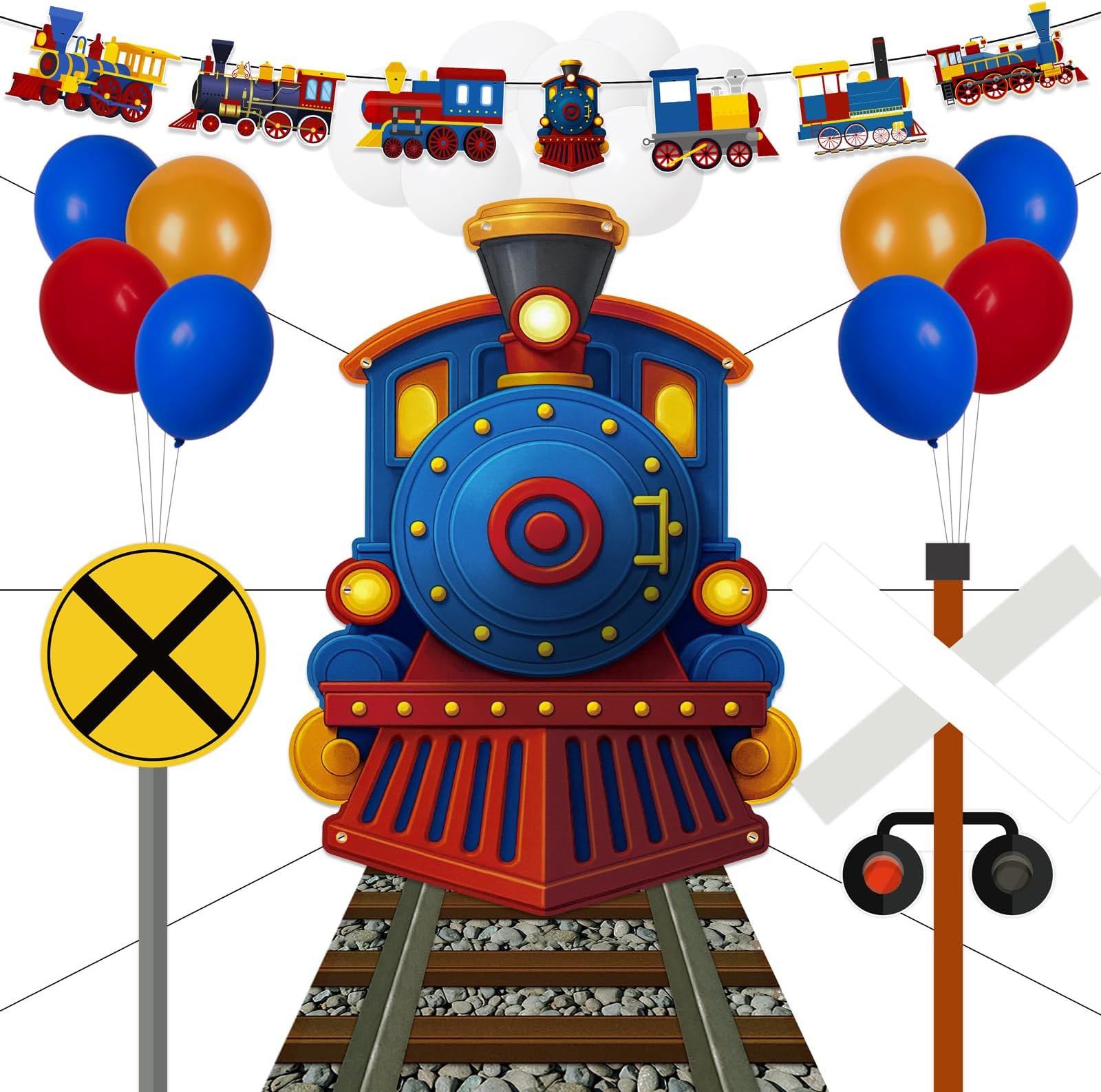 27 Pcs Train Party Decorations Railroad Runner Track Banner Backdrop Balloon for Door Birthday Theme Classroom Decor (Blue)