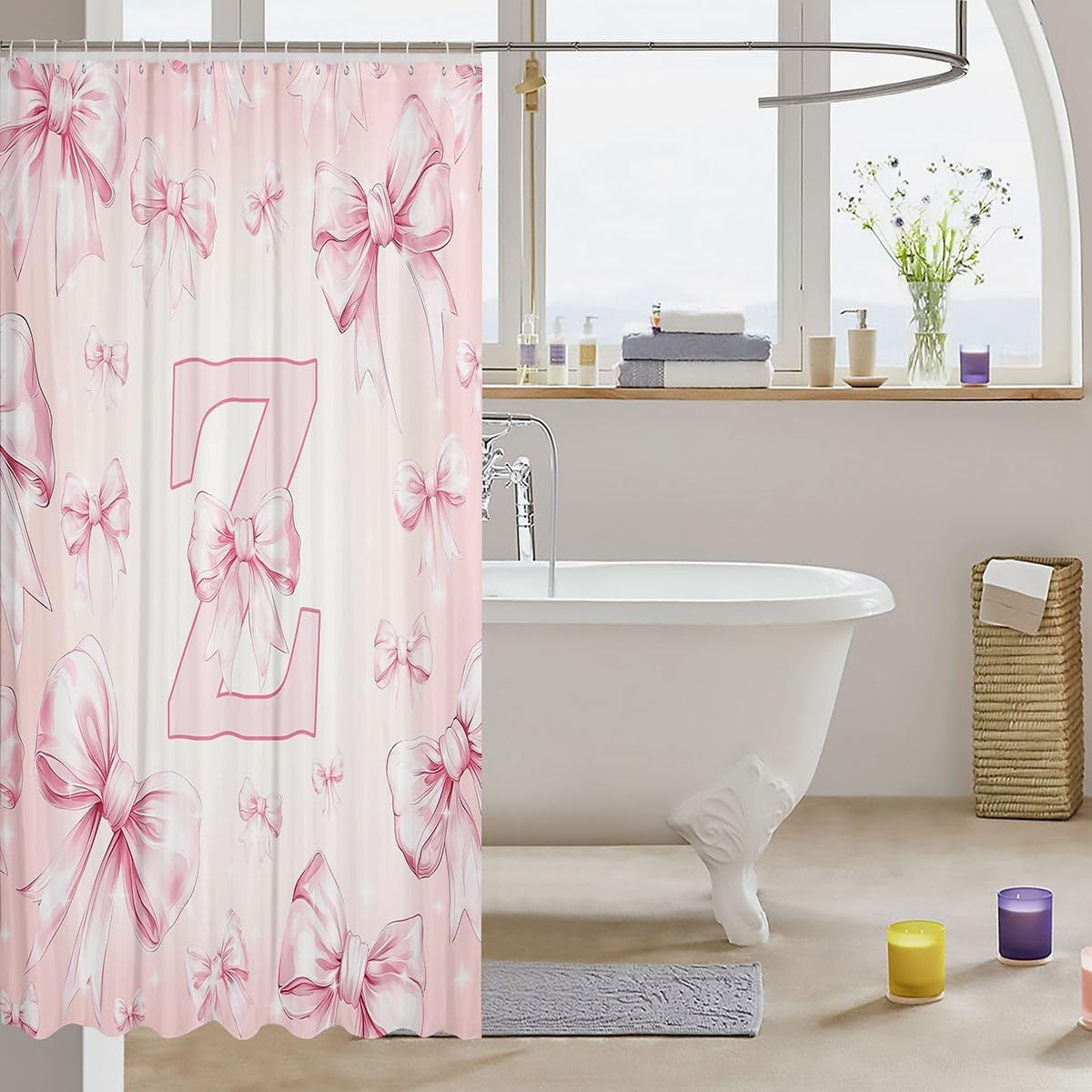Erosebridal Dreamy Princess Bow Bathroom Curtain Cute Pink Bowknot Shower Curtain 72" Wx72 L Personalized Initial Letter Z Bathroom Accessories for Kids Adults,Kawaii Glitter Bow Shower Decor image 3