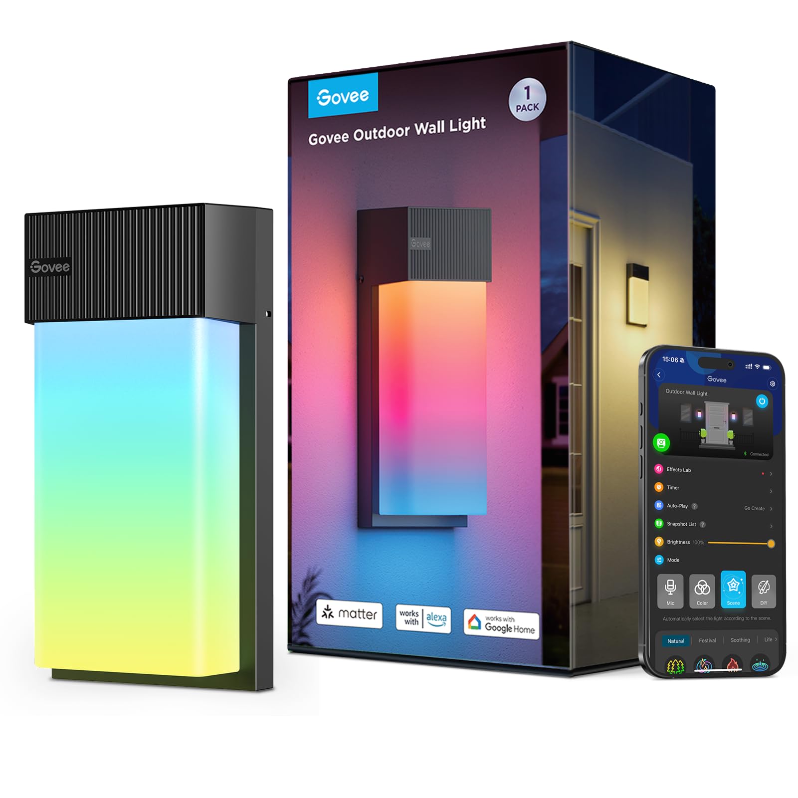 Outdoor Wall Light, 1500LM Smart RGBIC Porch Lights Outdoor with 45 Scene Modes, IP65 Waterproof for Outdoor Decor, DIY, Wall Sconce Works with Alexa, Google Assistant and Matter, 1 Pack