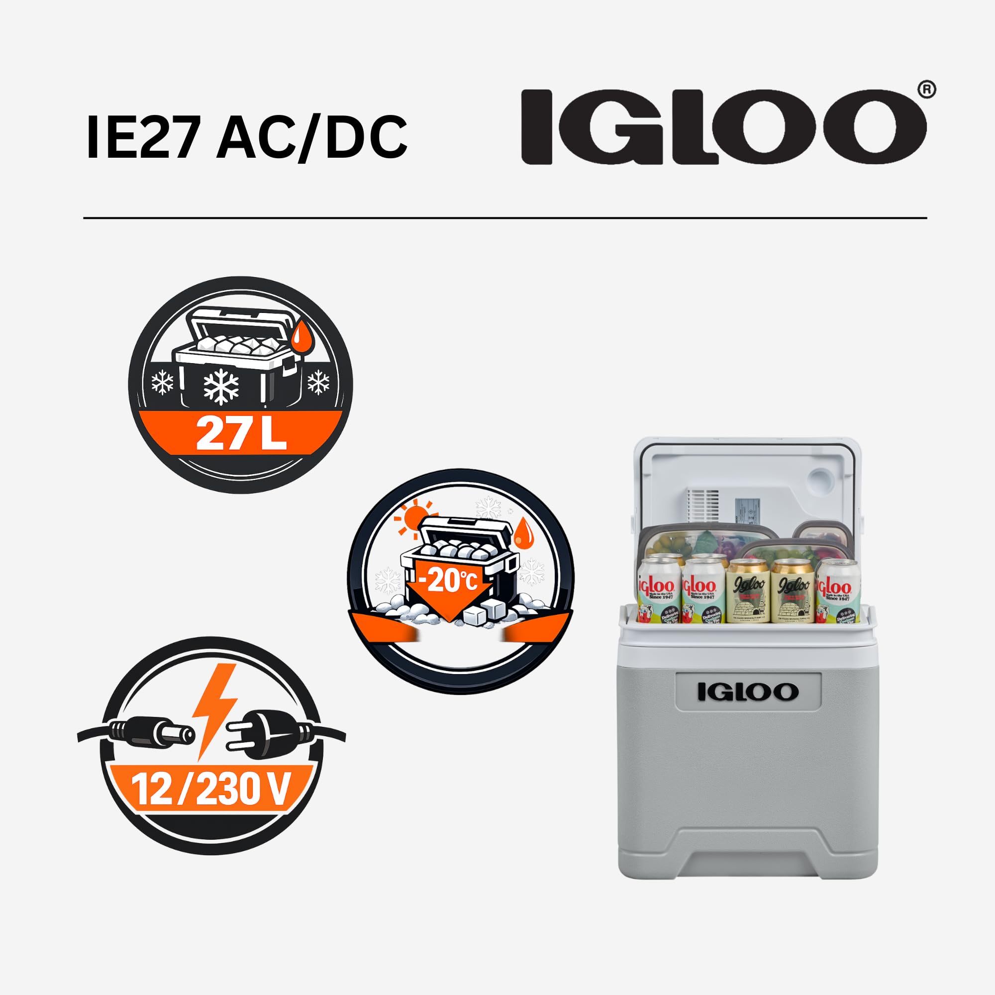 IGLOO IE27 elektryczna lodówka turystyczna 12V/230V, 26L – kompaktowa lodówka samochodowa na kemping, wakacje, łódź i festiwale, lekka i przenośna, ze schowkiem na kabel oraz trybem Eco/Max