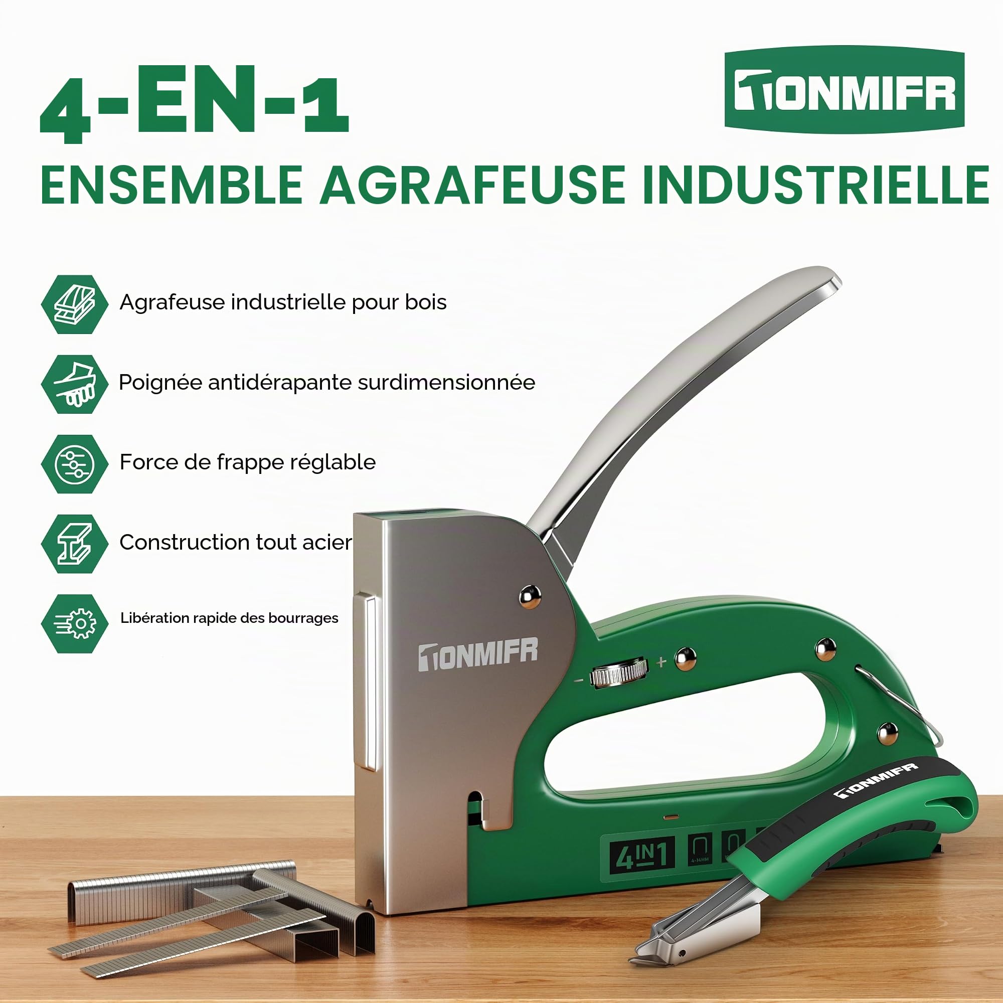 Agrafeuse Murale Professionnelle 4 en 1 avec 4000 Agrafes & Dégrafeuse - Réglage 1080°, Puissante pour Bois, Tapisserie, Mobilier, Tissu et Projets DIY