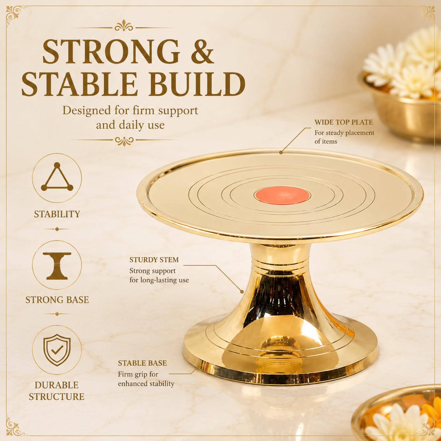Bhimonee Decor Brass Mukkali Stool | Traditional Pooja Chowki for Home Temple | Religious Ceremonies & Decor | 2.5 Inches | 250gm | Gold 1