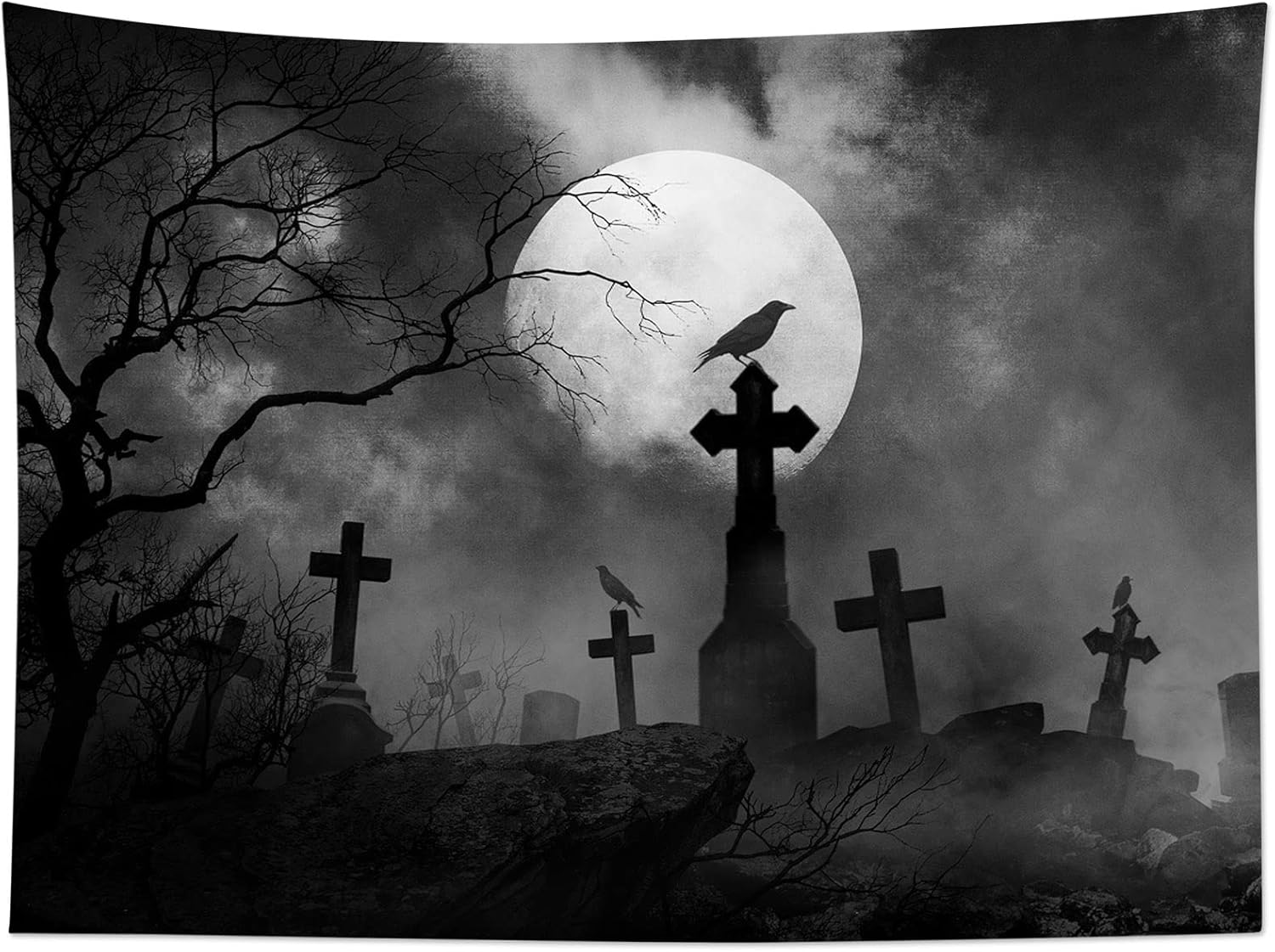 HVEST Halloween Tapestry Full Moon Black Crow Tombstone