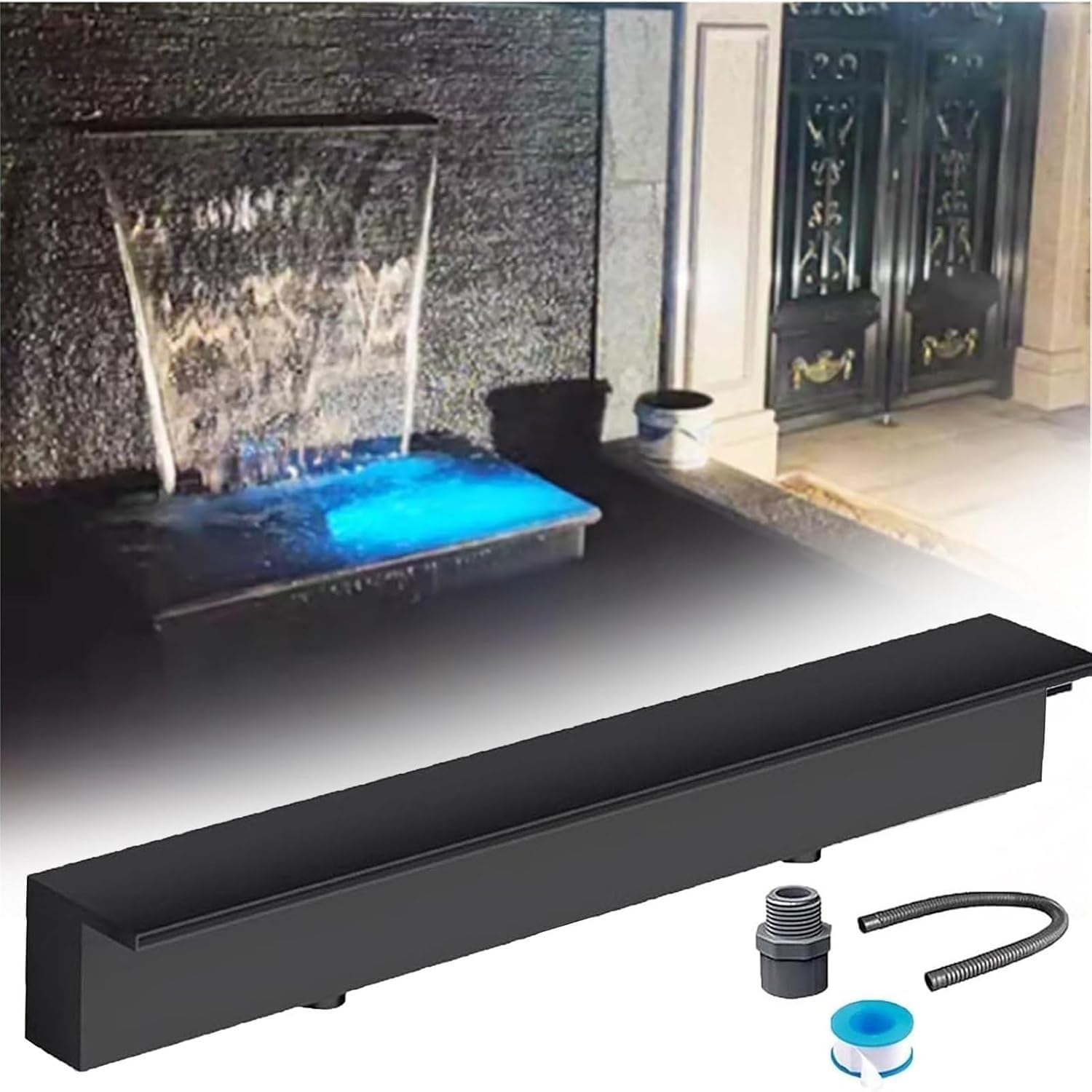 Fontana e cascata in acciaio inox, beccuccio spruzzatore da parete da 167,6 cm, per stagno, patio e terrazza, uscita dell'acqua personalizzabile (nero)