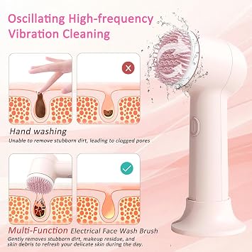 Electrical Facial Cleansing Brush, Multi-Function Face Wash Brush with Base and 2 Brush Heads, Portable Face Scrubber for Deep Skin Cleaning and Gentle Exfoliating (Pink)