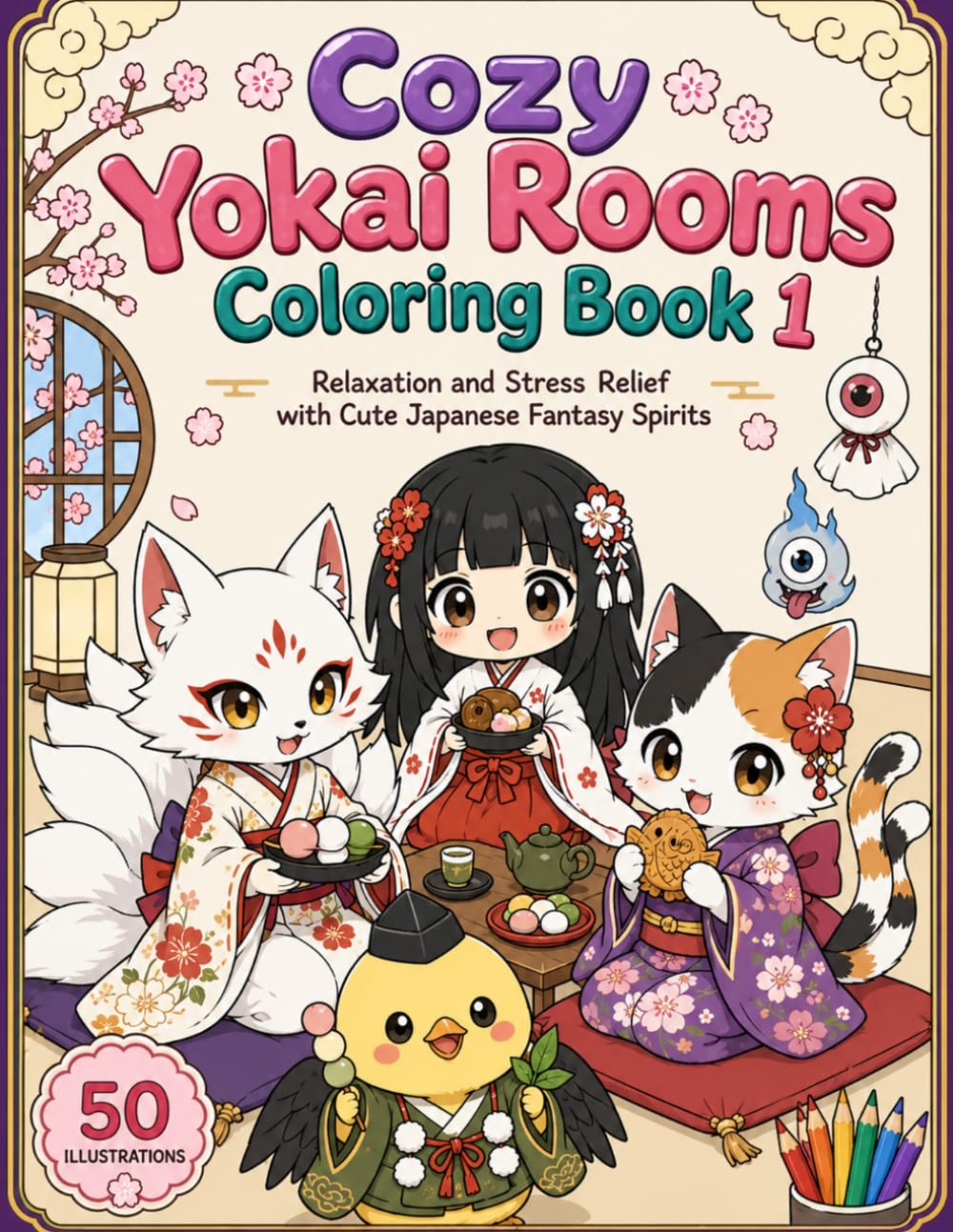 Cozy Yokai Rooms Coloring Book1: Relaxation and Stress Relief with Cute Japanese Fantasy Spirits