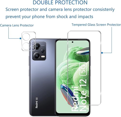 Miniatura 6 de 3+3 Paquete de 3 protectores de pantalla de vidrio templado para Xiaomi Redmi Note12 5G con 3 protectores de lente de cámara, transparente HD,
