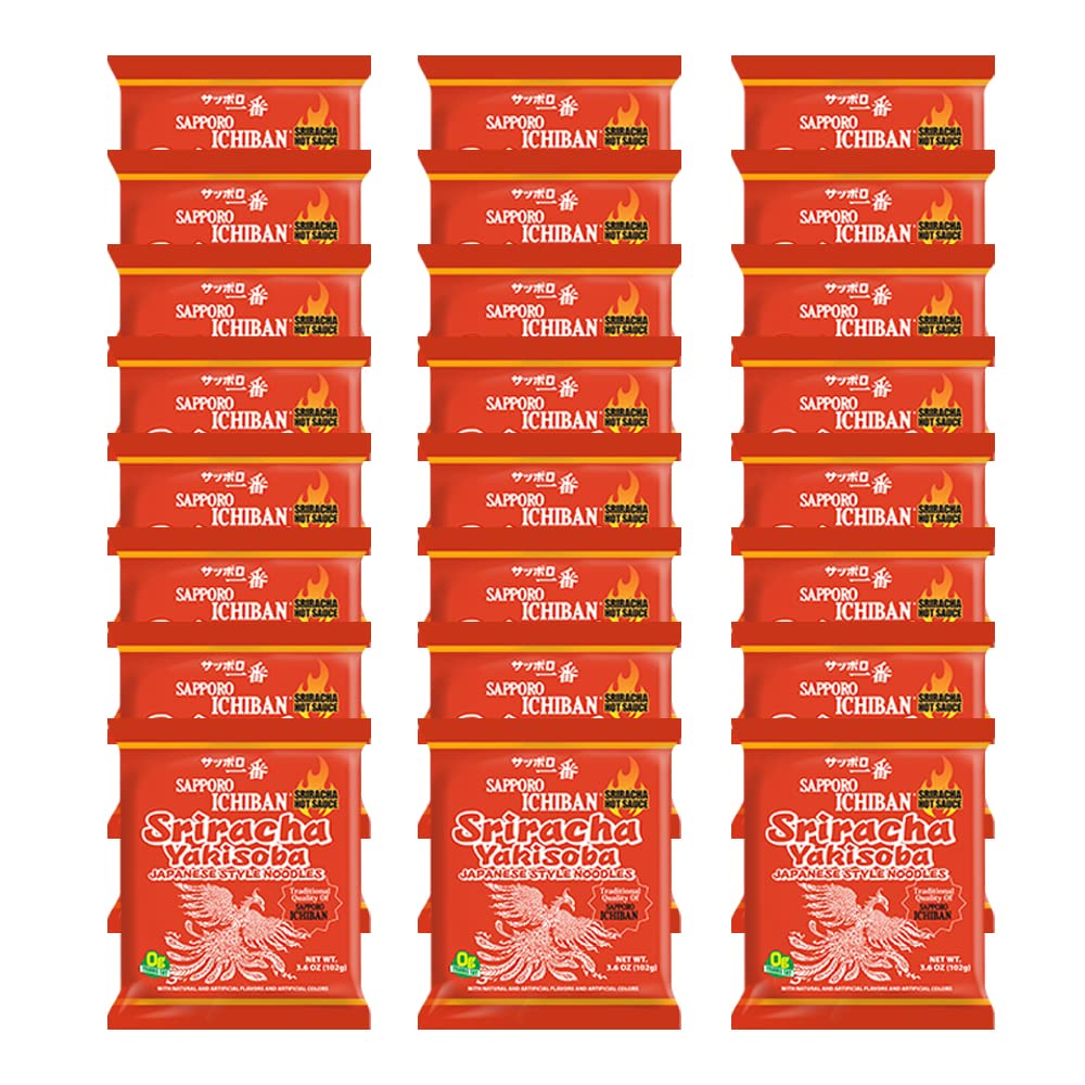 [SAPPORO ICHIBAN] Sriracha Yakisoba, Spicy Chow Mein, No. 1 Tasting Japanese Instant Noodles (3.6 Oz/102 g) (24 Packs)