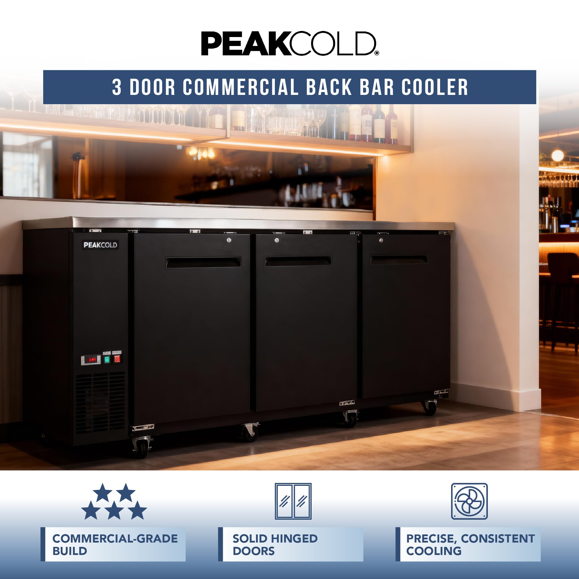 Peakcold 3-Door Counter Height Beverage Refrigerator - 73" Wide Energy Efficient Solid Black Beer Cooler & Bar Fridge With White LED Lighting - Commercial Back Bar Cooler on Fridge.com - View 2