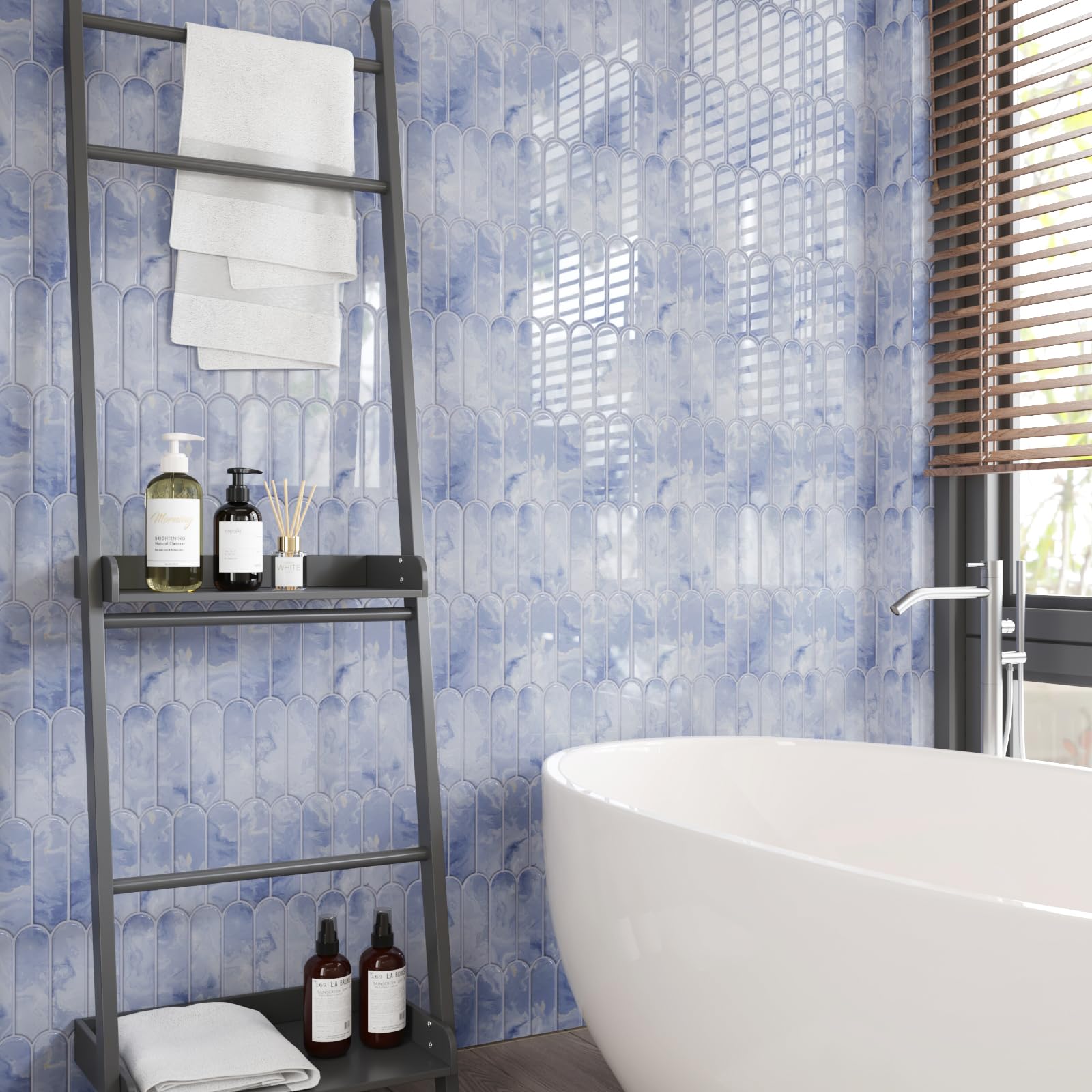 CRE8TIVE 16 Piezas Azulejos Adhesivos Autoadhesivo Azul Claro Cenefa Adhesiva Cocina Azulejos Adhesivos Baño Marmol Impermeable Baldosas Adhesivas Pared Forma de Abanico Largo Chimenea 30.5cm x 30.5cm