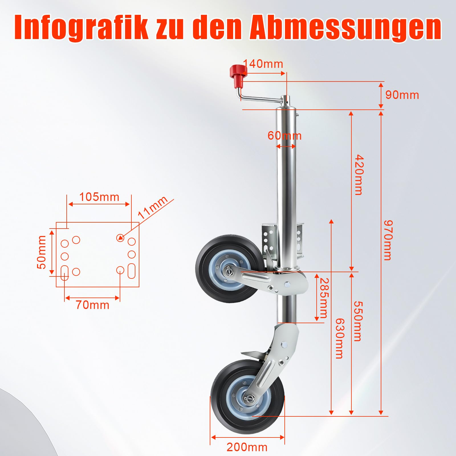 Stützrad für Anhänger mit Kurbel, 500 kg Traglast | Kurbelstützrad höhenverstellbar 245 mm, Deichselstützrad Universal Ersatz für Anhänger Wohnwagen Wohnmobile, Rad 200 x 50 mm