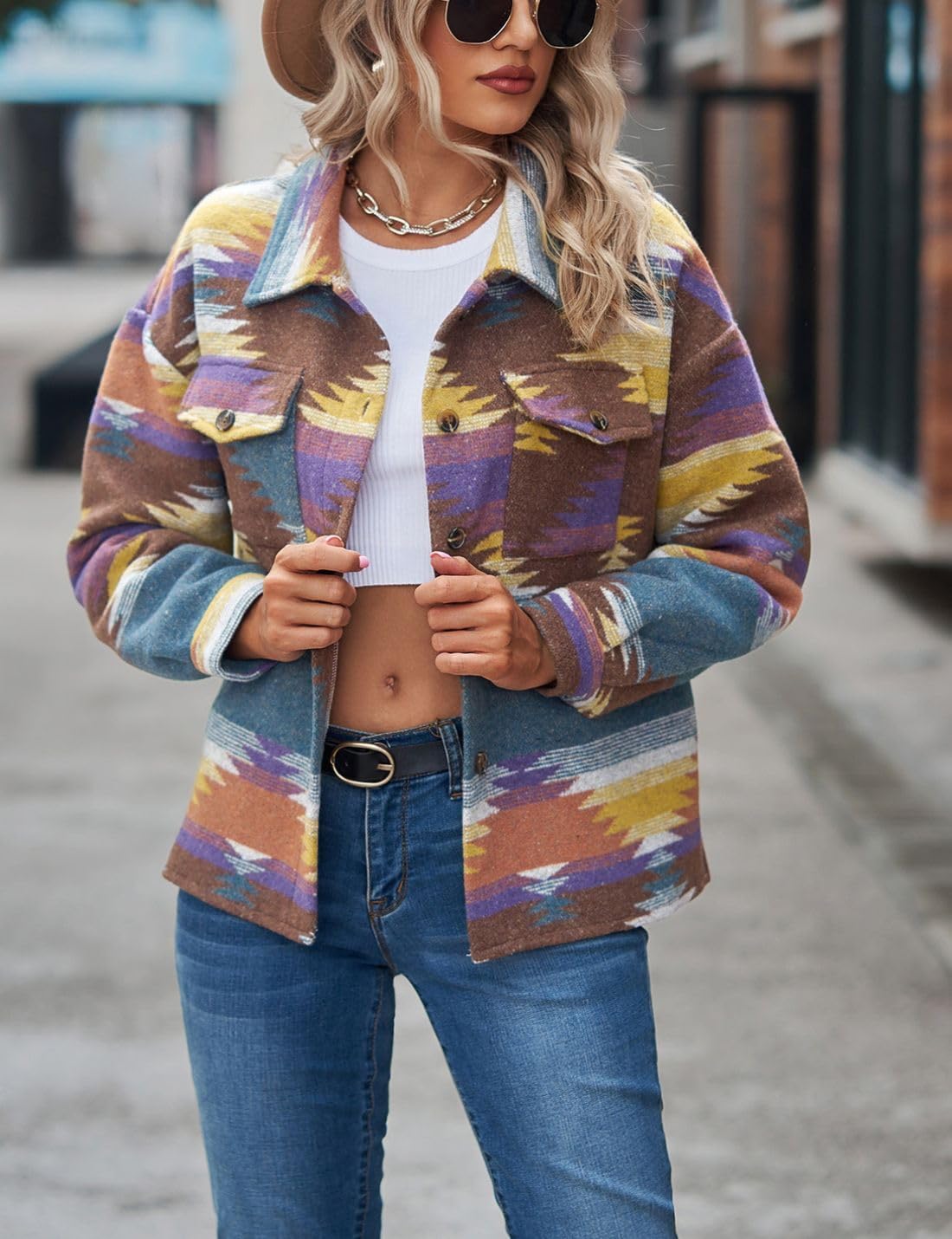 Chevara Women’s Vintage Ethnic Aztec Jacket Long Sleeve Button Up Woolen Shacket Western Jackets - Image 2