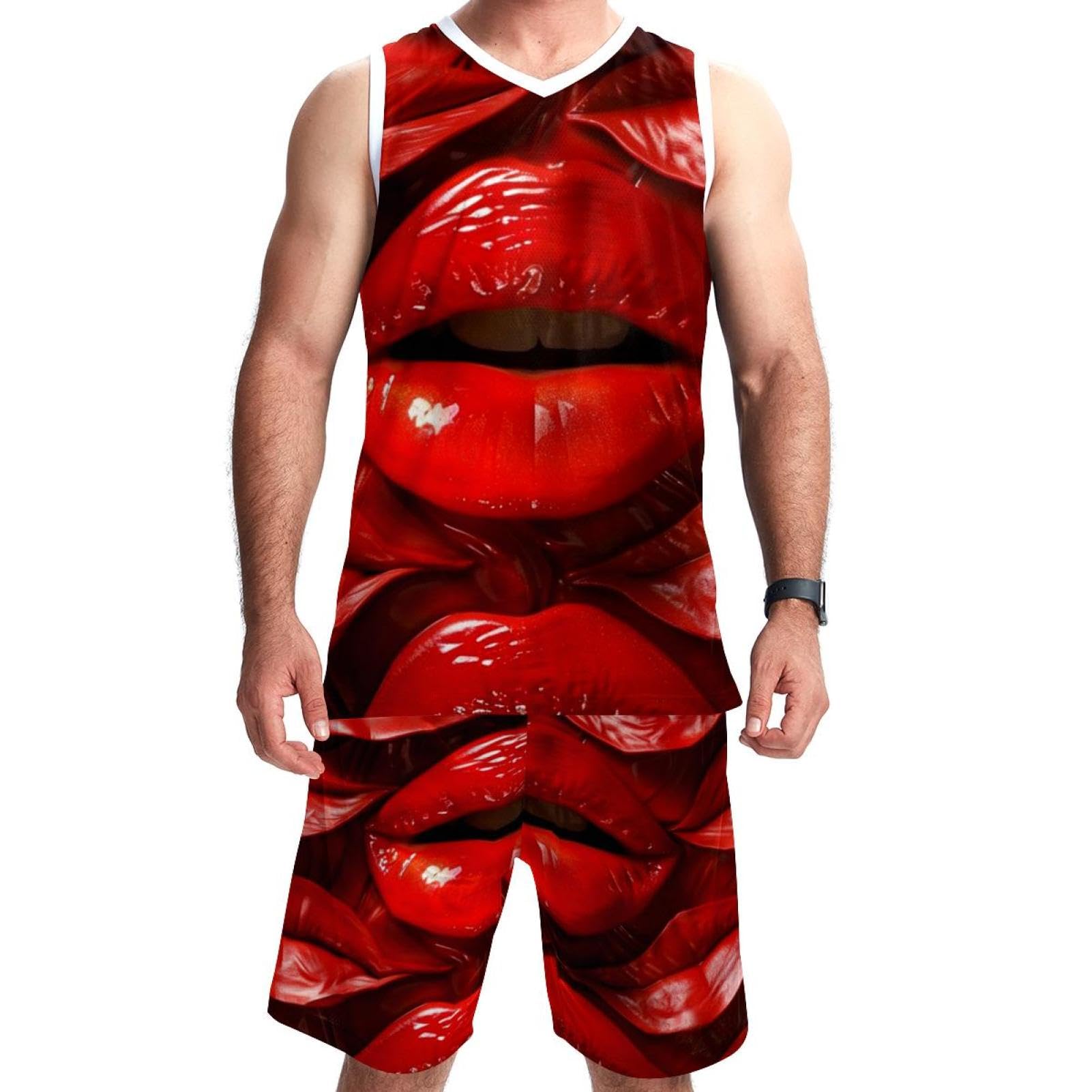 Herren-Basketballanzug mit Taschen, Sportbekleidung für Männer, Teenager, Teamuniform, leuchtend rote Lippen, Größe 5XL