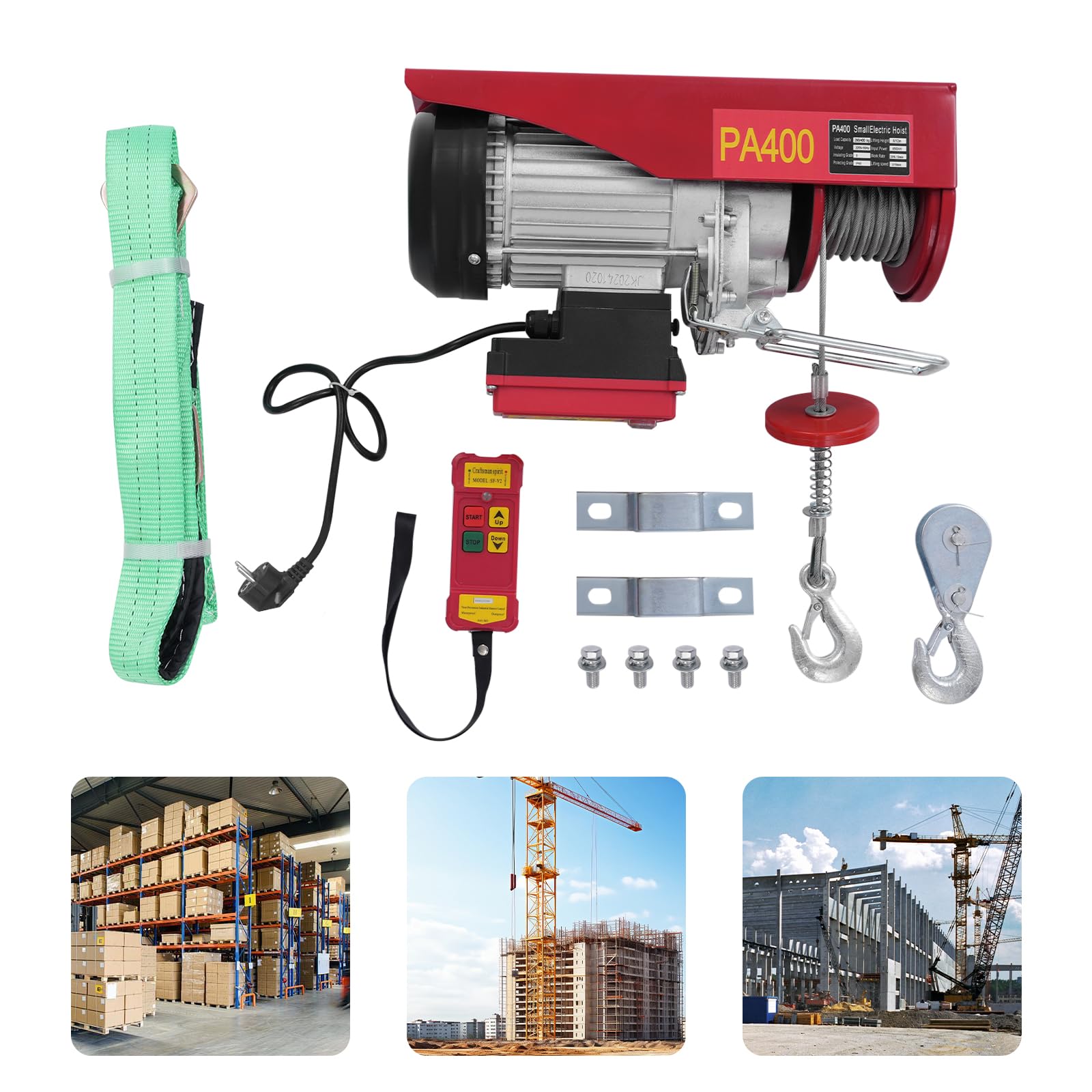 Elektrische Seilwinde 200kg bis 400kg Hubhöhe 12m Seilzug Motorwinde 800W Kupfermotor Flaschenzug 10m/min Hebezug mit Kabelloser Fernbedienung Seilhebezug Kettenzug,für Fabriken, Docks, Rot