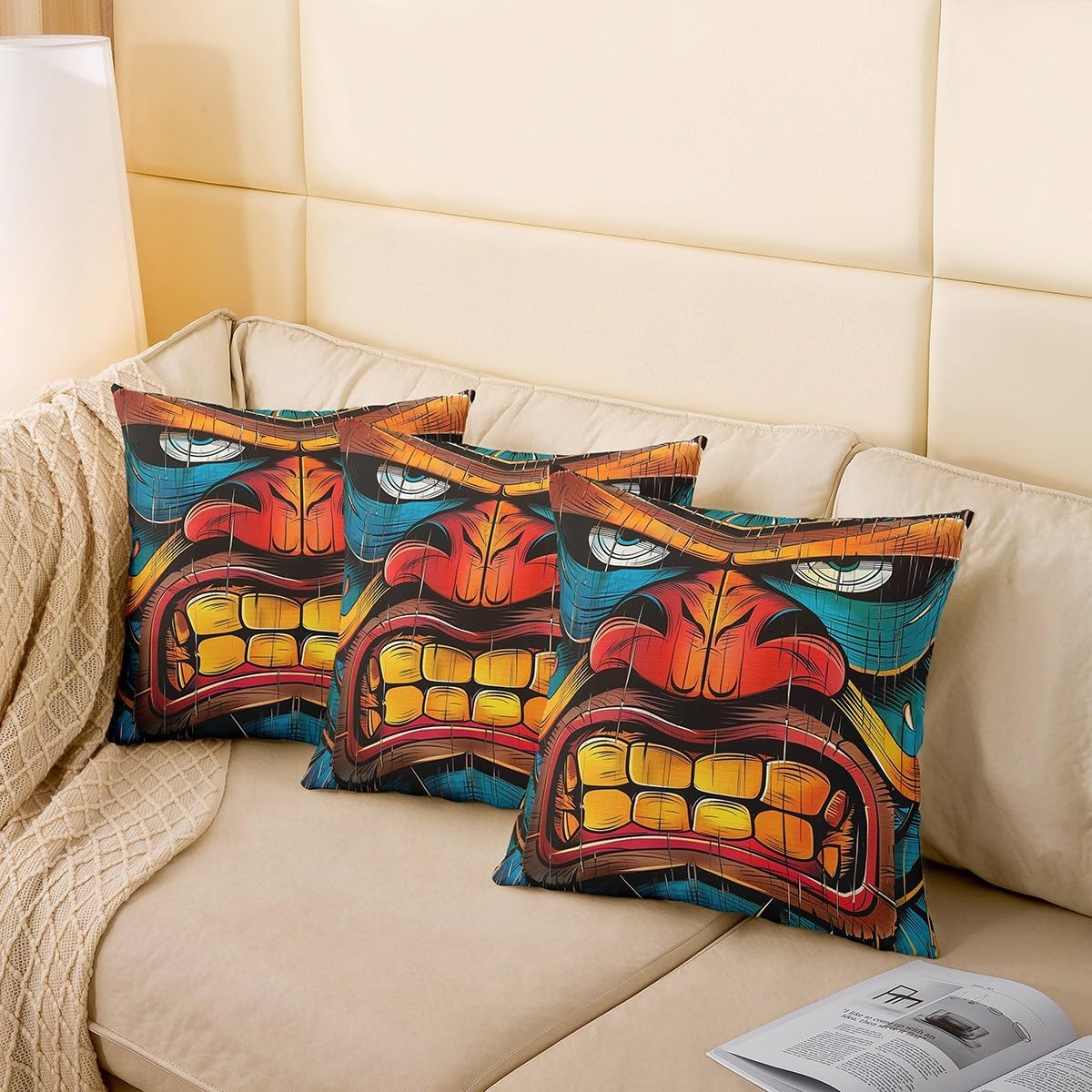 Erosebridal Tiki Bar Cushion Cases Happy Hawaiian Party Cushion Covers for Sofa Couch,Old Fashion Throw Pillow Covers Cute Colorful Tiki Pattern Decorative Accent Pillow Cases 24x24 Inch Set of 2