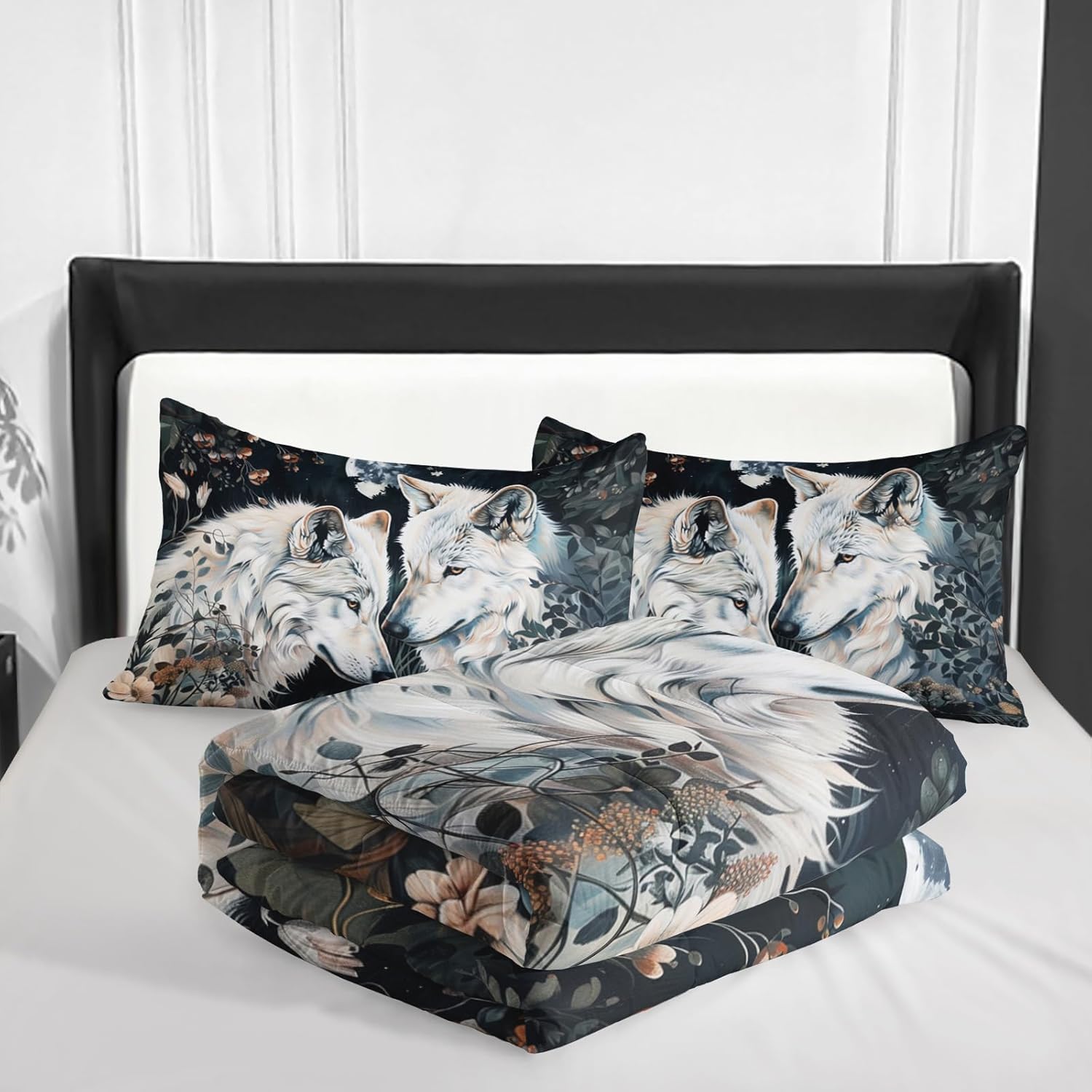 Boys Bedding Set 3 Pcs Comforter Set Queen Size with 2 Pillowcases,White Wolf Bedding Set for Boys Kids and Adults,Boho Animals Wolf Duvet Set Cool Wildlife Style Decor