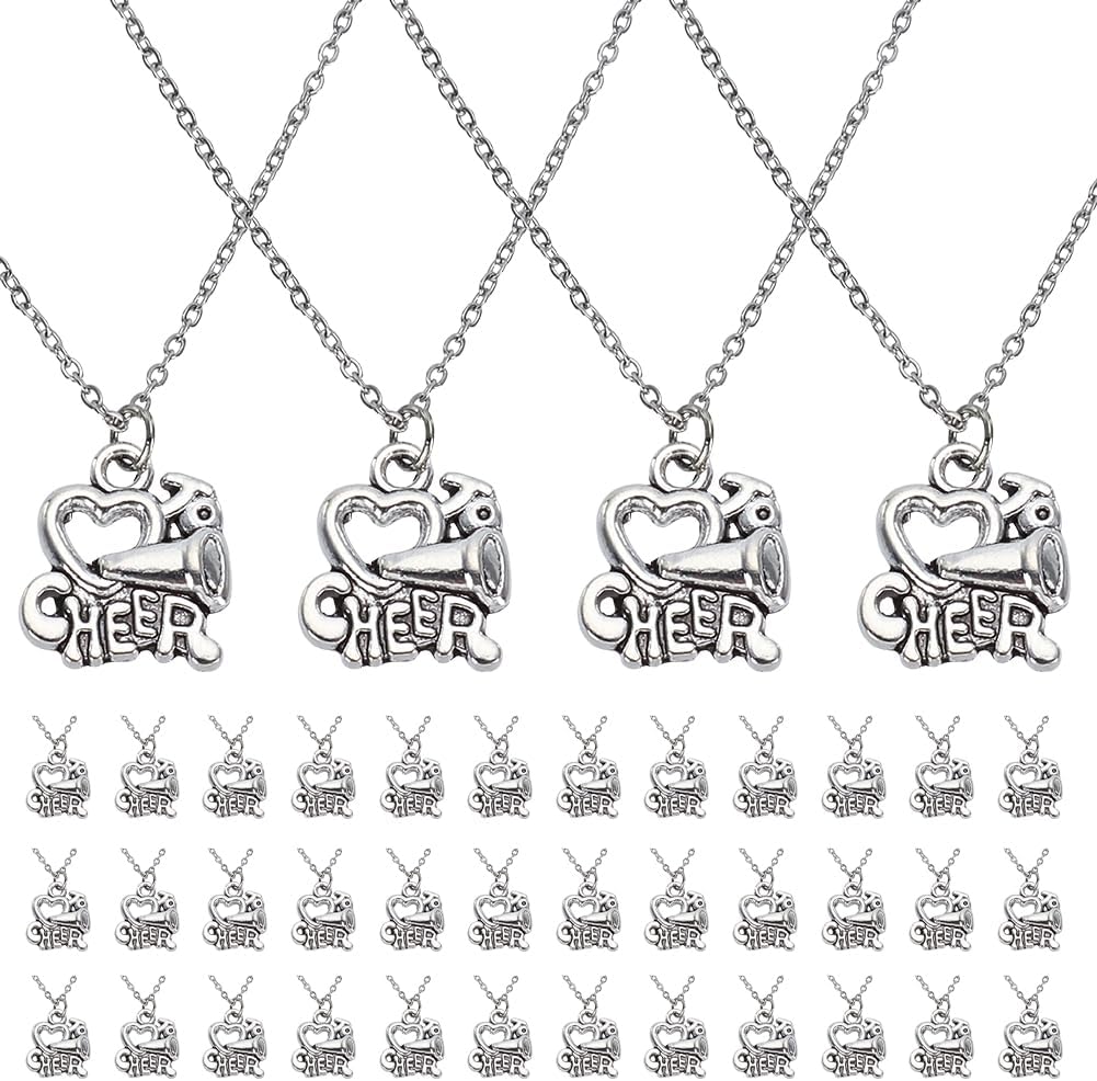 WEBEEDY 40 PCS Cheer Necklace Cheerleader Gifts Silver Heart Horn Pendant Necklace Adjustable Cheer Team Jewelry Charm for Women Sport Cheers Accessories Anniversary Birthday Gift,45cm/17.7 Inch