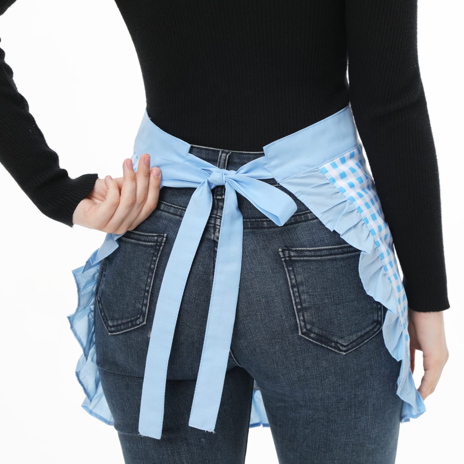 Love Potato Waist Apron with Pockets, Fashion Kitchen Cooking Restaurant Bistro Half Aprons for Girl Woman (Blue Plaid) - Image 3