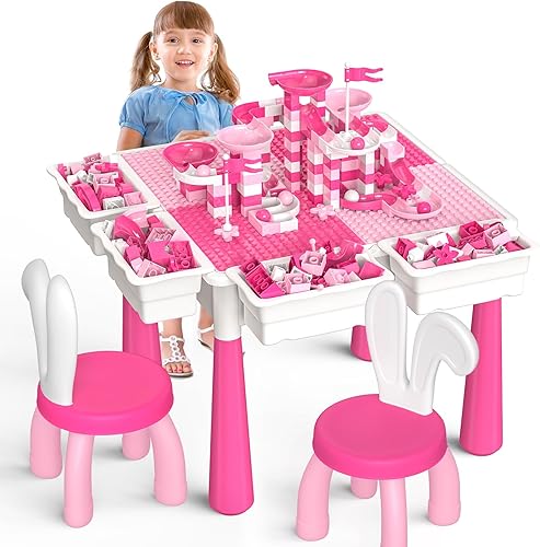 Vista 12 de OCATO Juego de mesa y 4 sillas para niños pequeños: mesa de actividades con 152 piezas de bloques de construcción grandes de mármol
