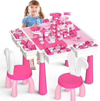 OCATO Kids Toddler Table and Chair Set Water Table Activity Tables with 152Pcs Large Marble Run Building Blocks 2 Rabbit Chairs Storage All in One Play Sensory Sand Tables 3-6 Year Old Girl Toy Gift