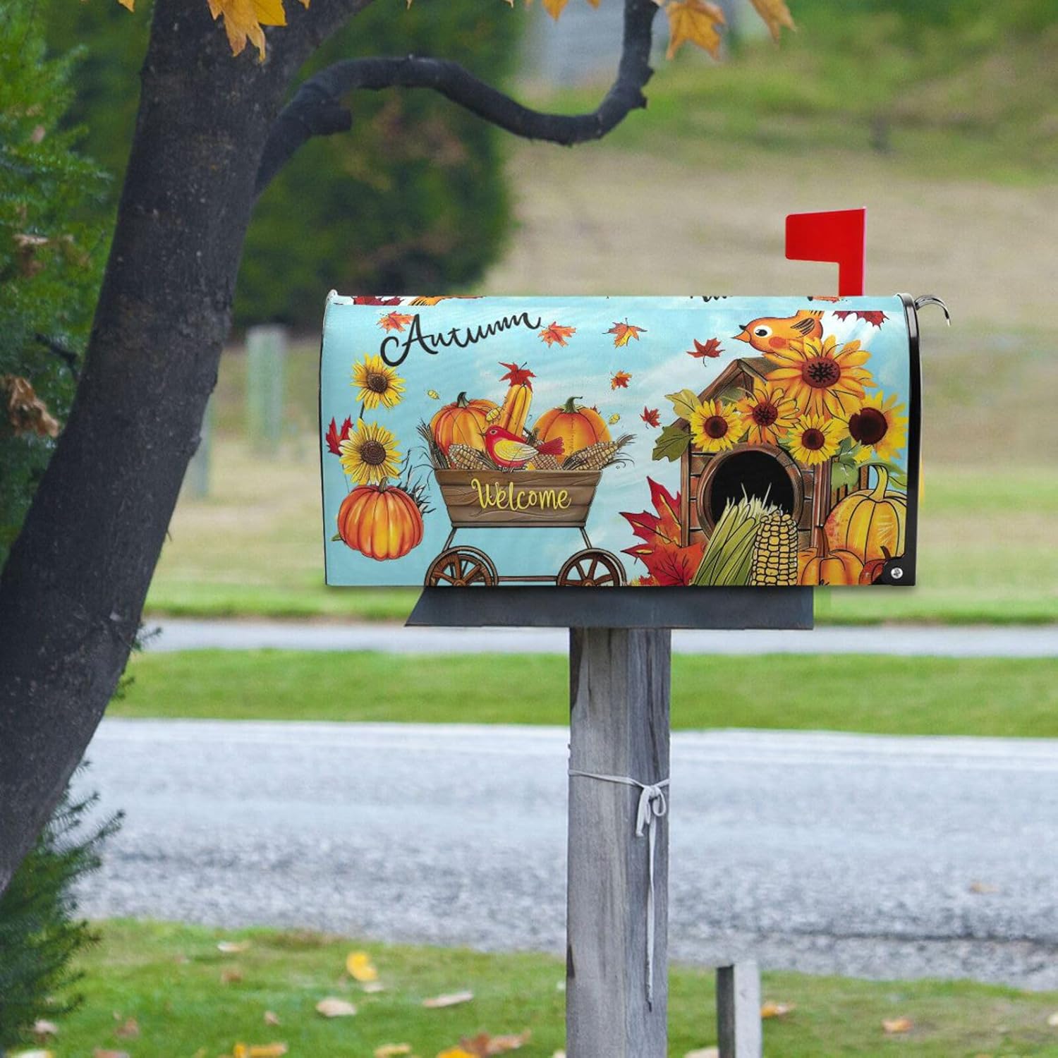 Pfrewn Autumn Pumpkin Sunflower Mailbox Cover Magnetic Standard Size Fall Leaf Birds Harvest Mailbox Covers Letter Post Box Cover Wrap Decoration Welcome Home Garden Outdoor 21" Lx 18" W