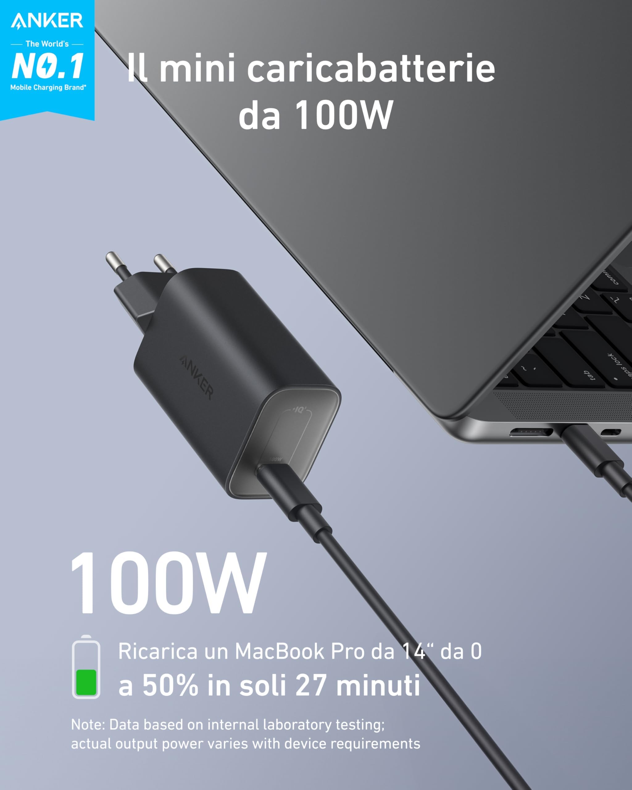 Anker Nano Caricatore USB C 100W, per iPhone 17 Pro Max Air/16/15, Galaxy e tutti i Dispositivi USB-C(cavo USB-C da 1.8 m incluso)
