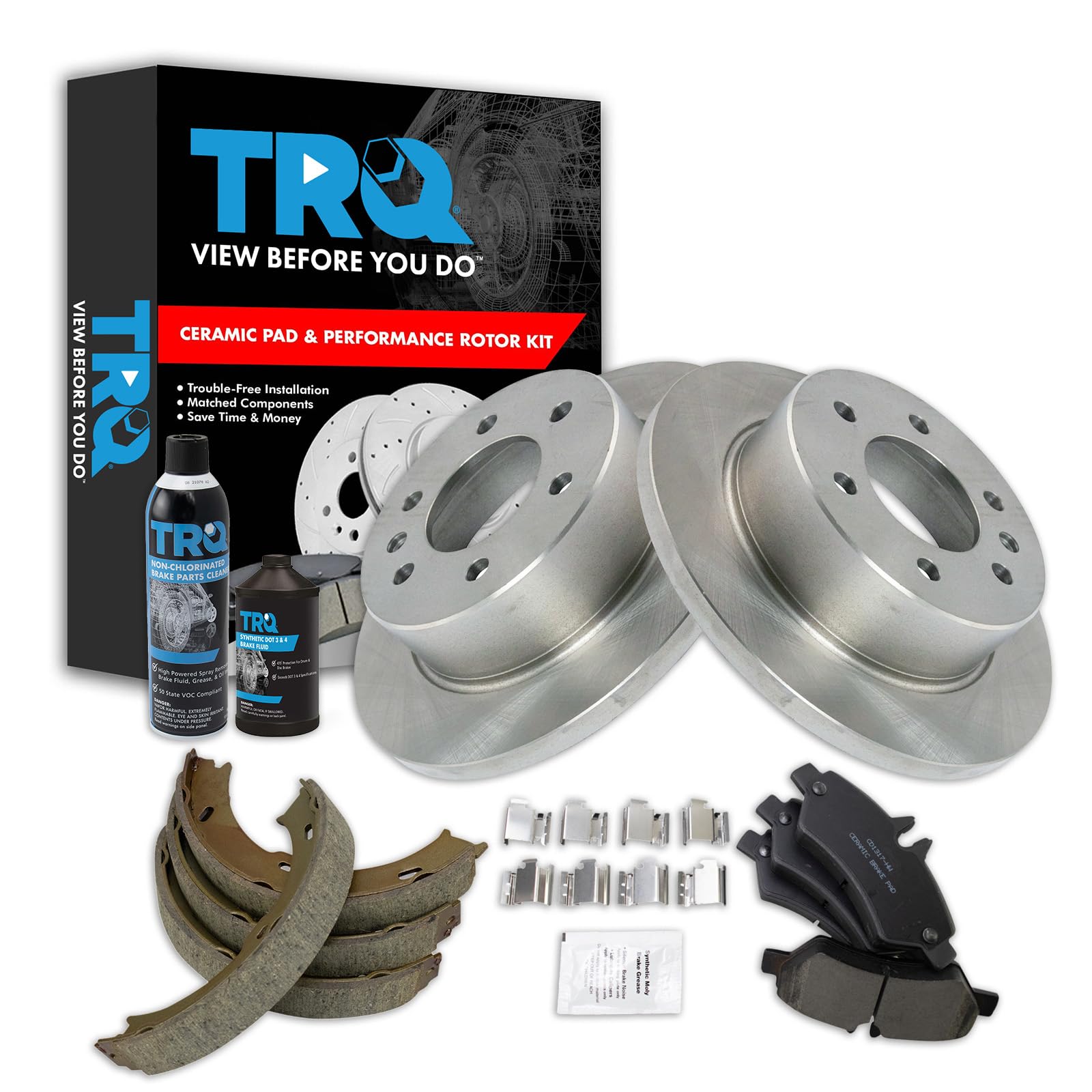 TRQ Rear Brake Pad &amp; Rotor Kit, with Chemical Kit Parking Brake Shoe Set Ceramic Compatible with 2007-2009 Dodge Sprinter 2500 2007-2016 Freightliner 2010-2018 Mercedes-Benz