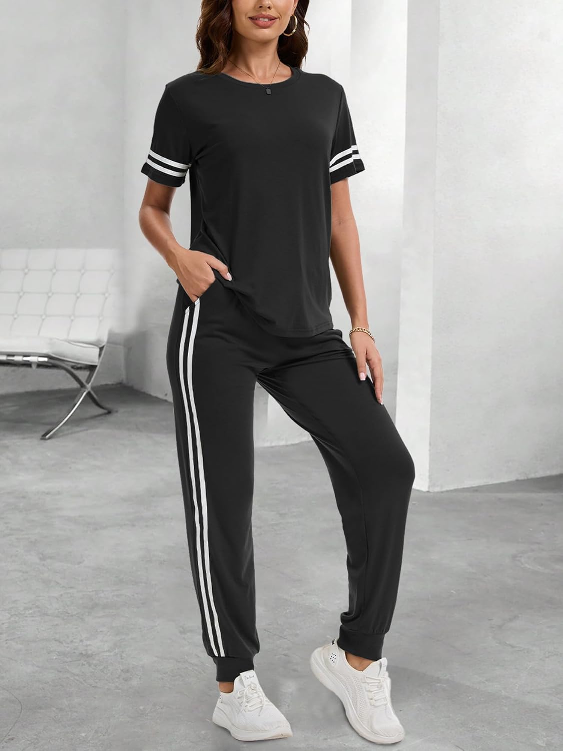 KBKBSN Women 2 Piece Outfits Summer Set Striped Short Sleeve Sweatsuits Crew Neck Pullover Lounge Tracksuit with Pocket Black L - Image 5