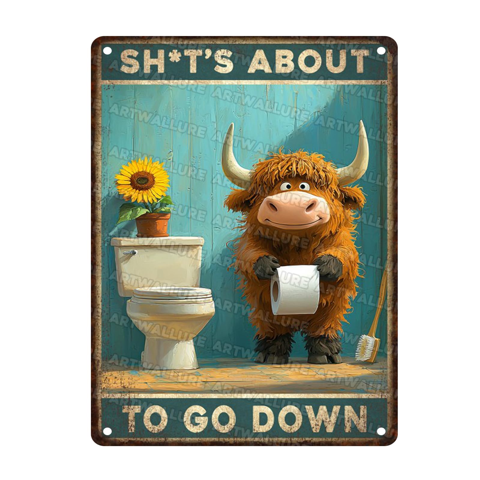 Funny Highland Cattle Bathroom Wall Decor for Highland Cattle Lover Sign Vintage Metal Tin Sign for Home Room Farm Bathroom Toilet Restroom Wall Decorations Poster 12x16inch