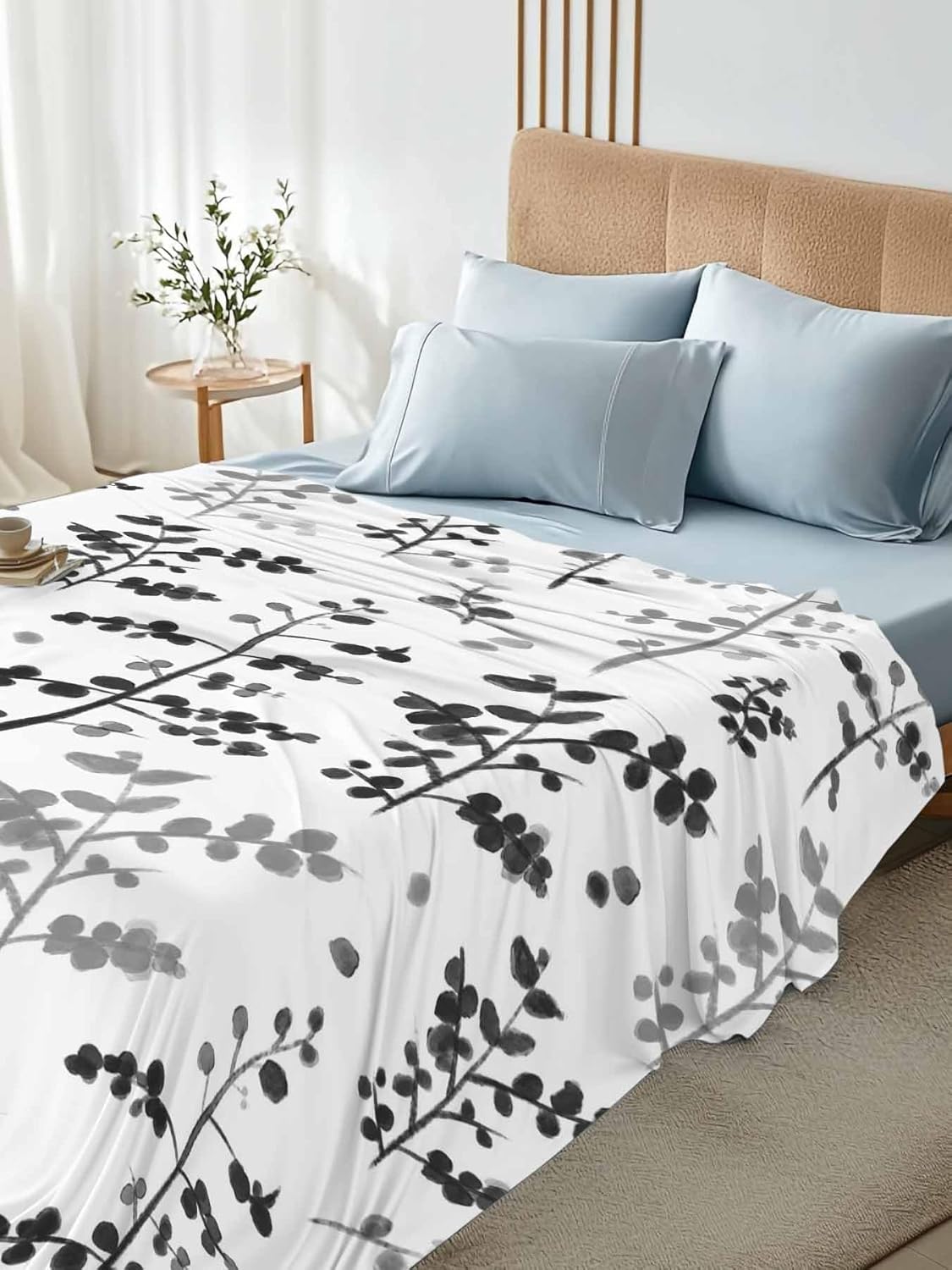 Top Sheet King Bedding Flat Sheet Only, Farmhouse Black Leafs Microfiber Bed Sheets Soft Breathable Bedding Flat Sheets, Country Style Plants Hotel Luxury Top Sheets