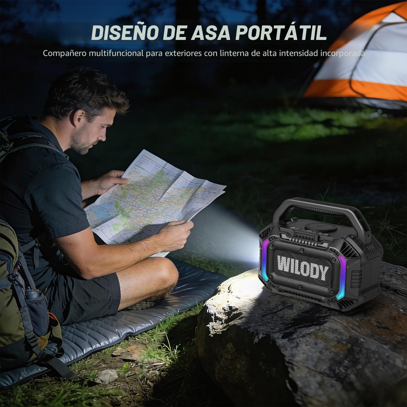 Wilody 100W Altavoz Bluetooth Potente,Impermeable Altavoces Portátil Potente,Altavoz Grande Portatil con 20 Horas de reproducción,Carga inalámbrica,TWS,luz RGB,Altavoz portátil,Negro