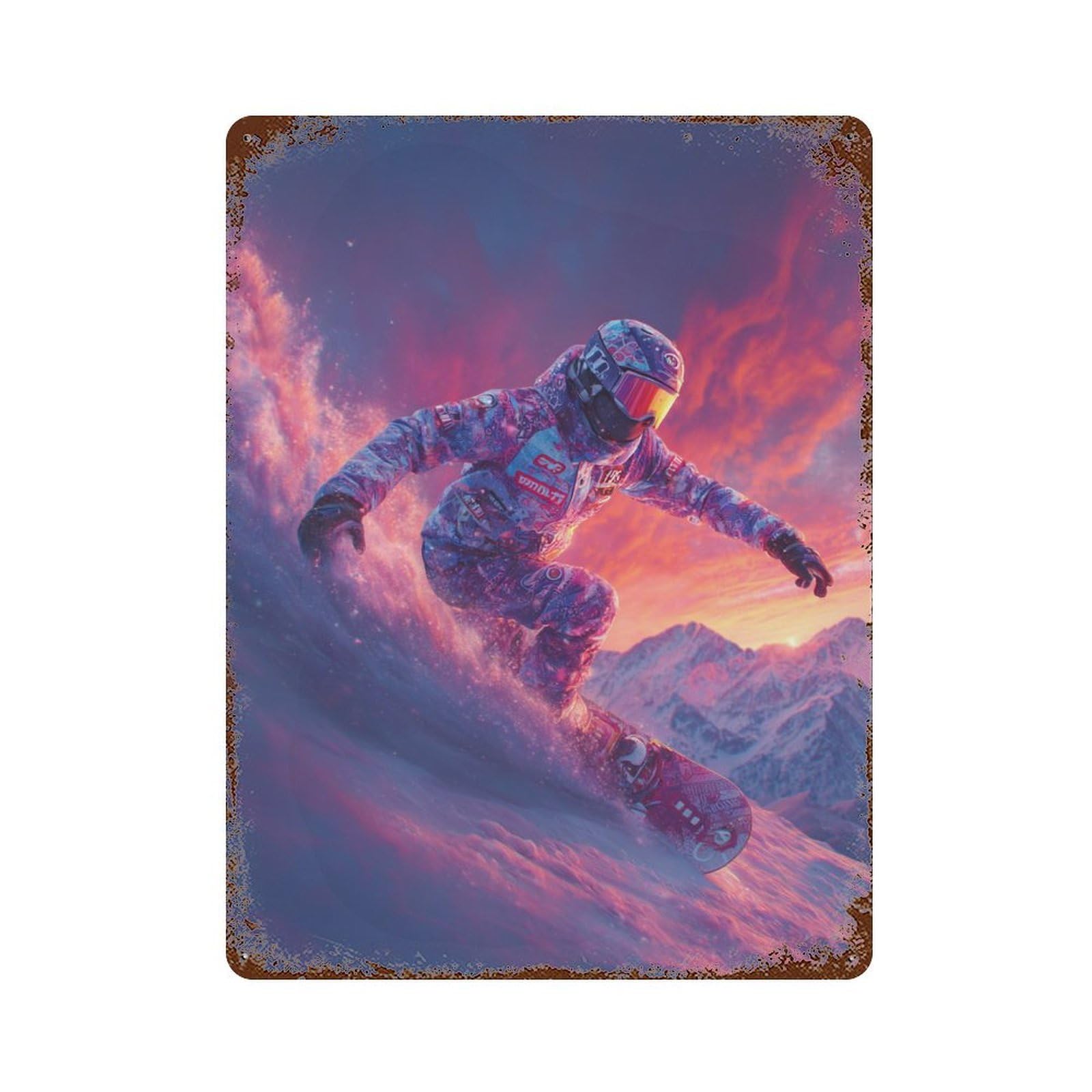 Snowboarder in Cosmic Sunset Retro Metal Sign 15.7"x11.8", Vintage Wall Decor for Bistro, Counter And Cafe Decor