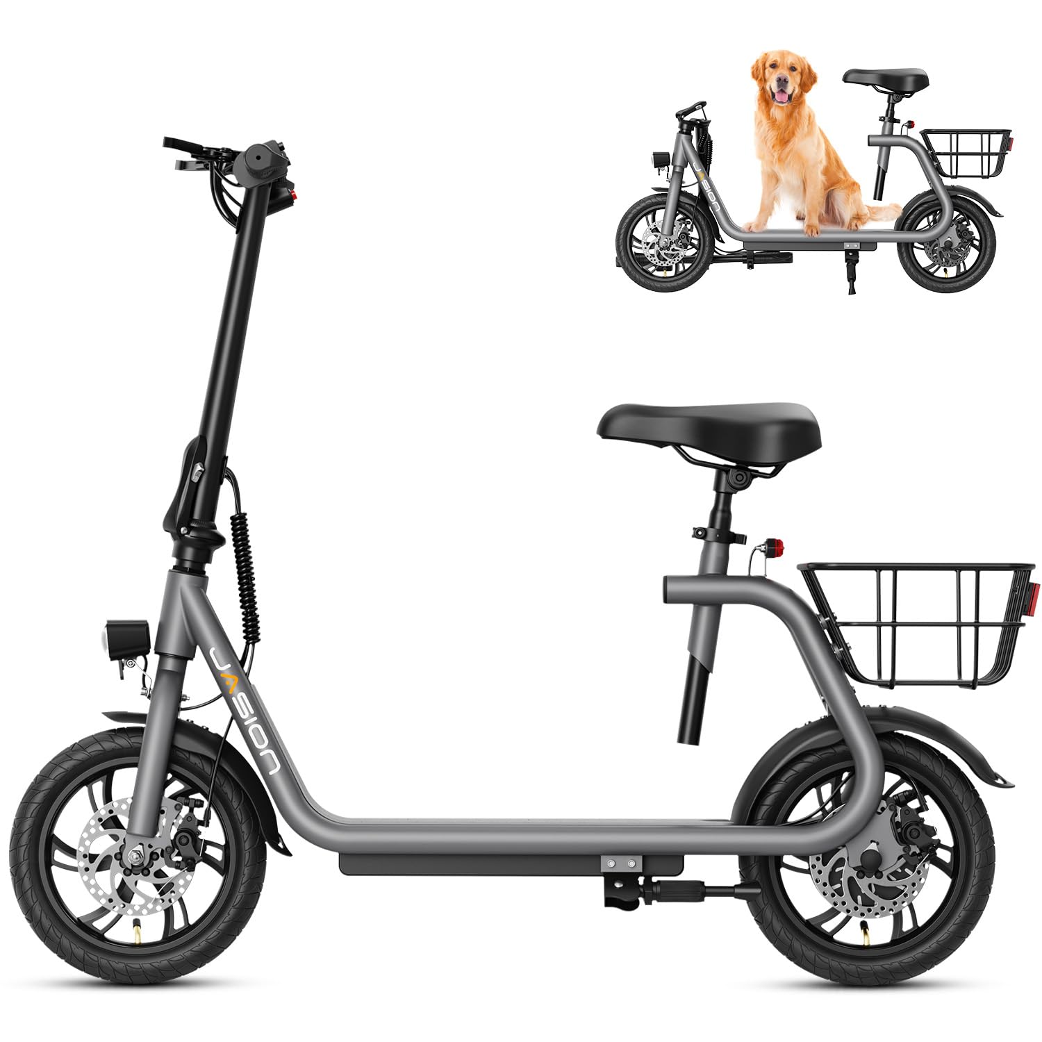 Jasion JS3/PRO Electric Scooter with Seat, 650/850W Peak Motor, 20/25Miles Ranges Scooters for Adults, 20/25MPH Max Speed, Foldable E-Scooter for Pets & Cargo, Dual Disc Brakes